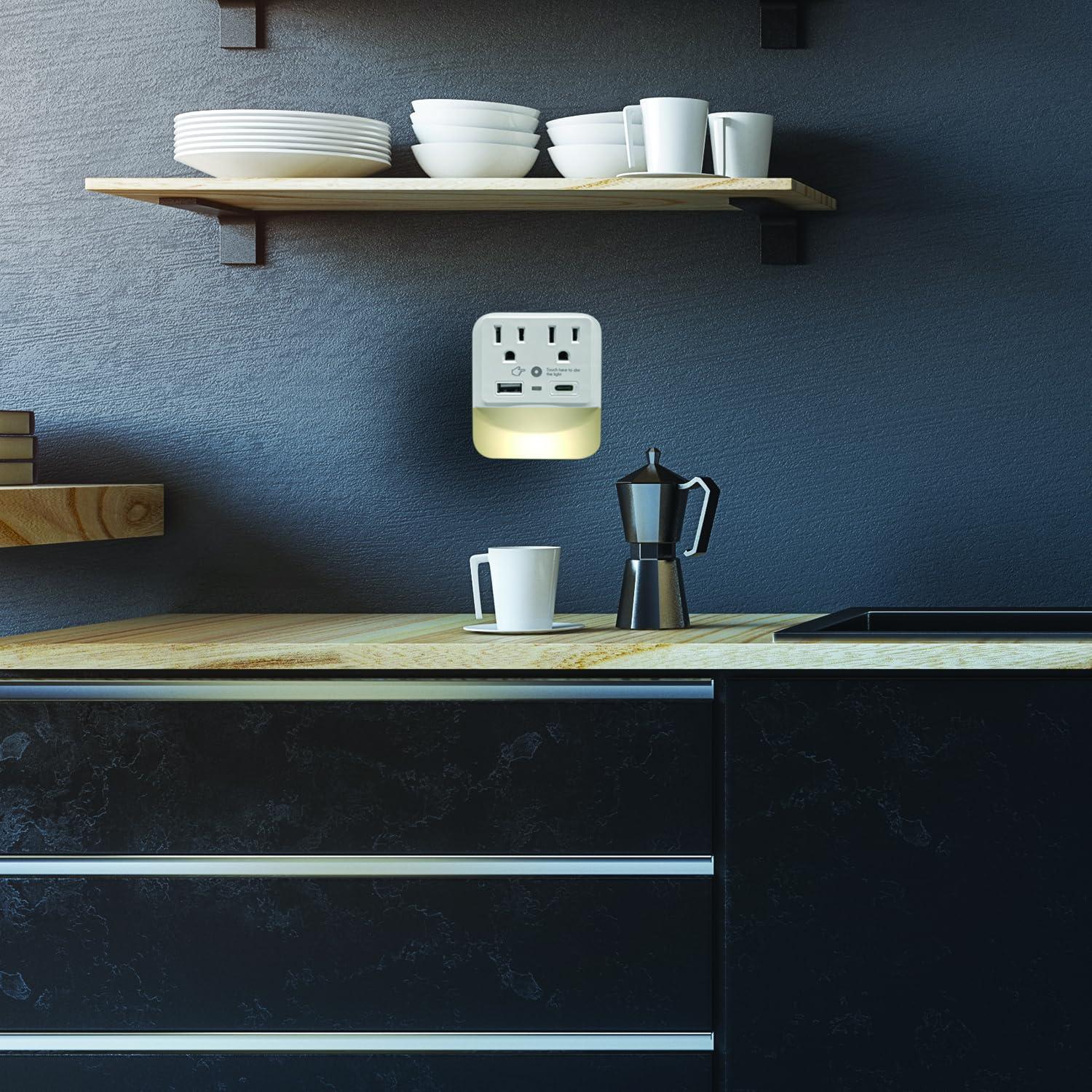 CIAO TECH 2 Outlet Extender with 1 USB-A & 1 USB-C with White Led Light - Multi Plug Outlet with 300 Joules Surge Protector - Multipurpose USB Outlet with 2.4A Fast Charging (White)