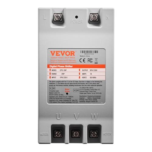 VEVOR VEVOR 3 Phase Converter - 2HP 7A 220V Single Phase to 3 Phase Converter, 220V Input/Output, Digital Phase Shifter for Residential & Light Commercial Use (One Converter for One Motor Only)