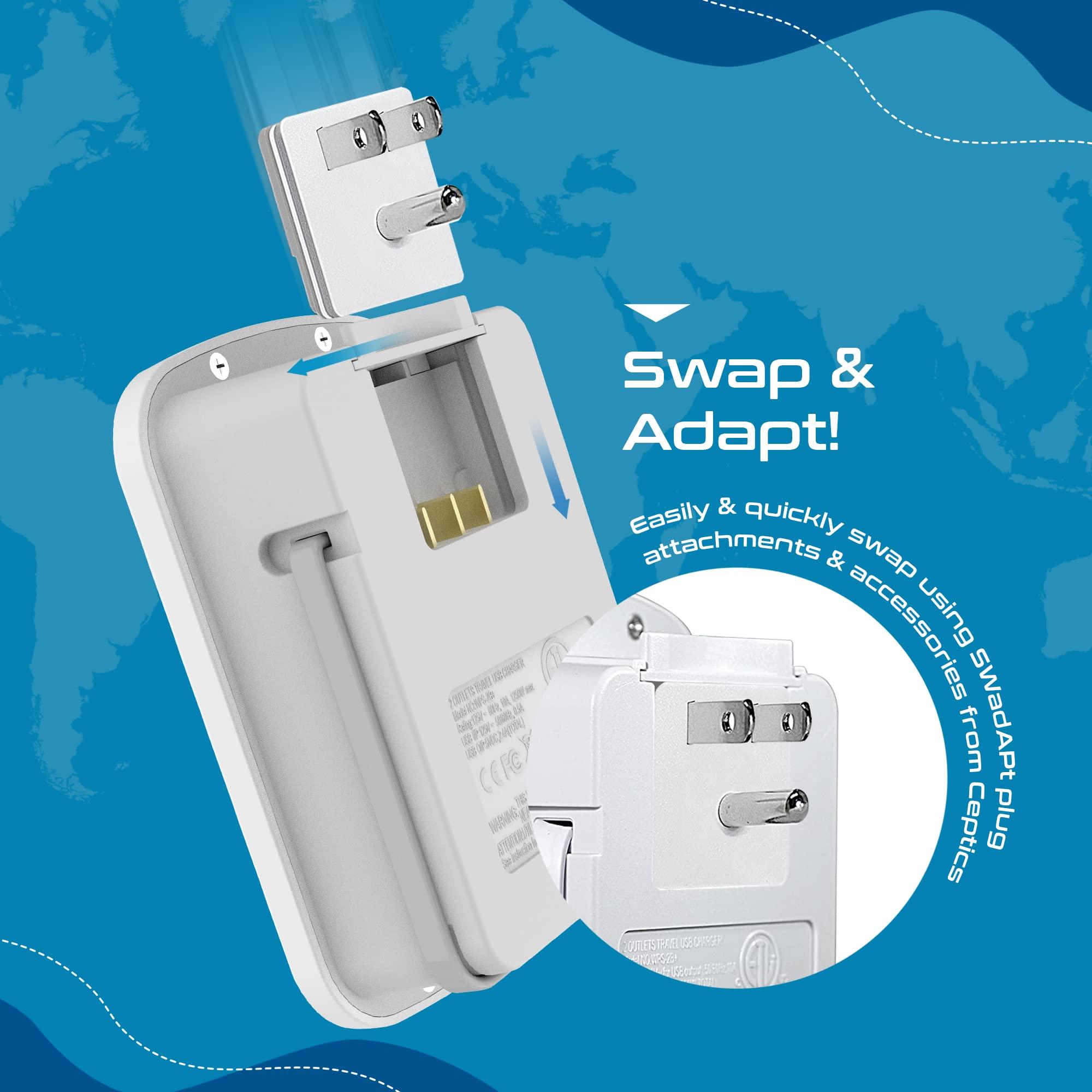 Ceptics Ceptics World Travel Adapter Kit 2 USB-A, USB-C US Outlets, 20W/QC 18W Power Delivery, Surge Protection, SWADAPT Compatible for Europe, UK, China, Australia, Japan Perfect Laptop (WPS-5B)