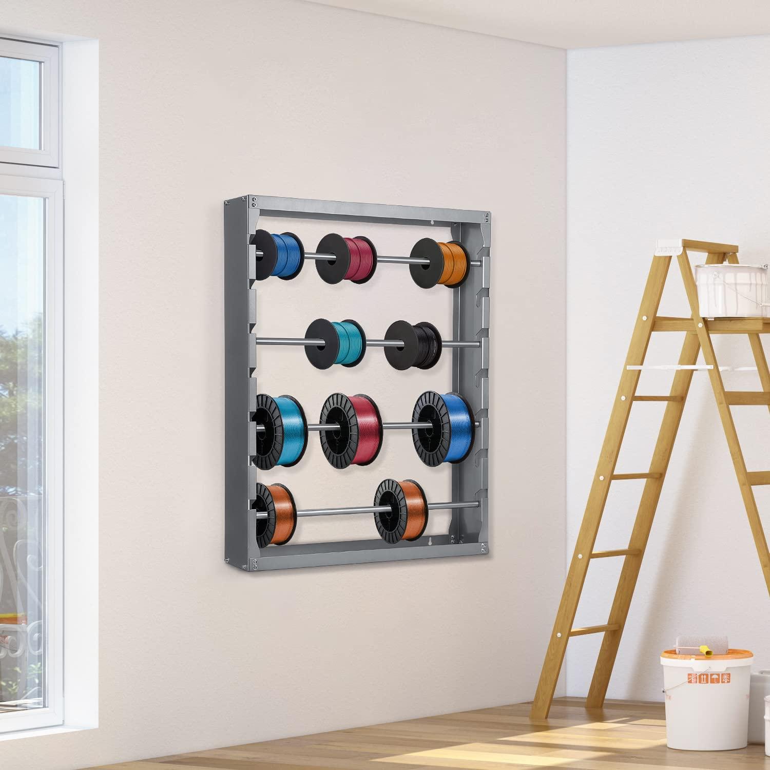 foriy foriy Wire Spool Rack, Heavy Duty Cold-Rolled Steel Wire Dispenser, Conduit Display Rack, Wall Mounted Spool Storage Rack for Electrical Industrial Retail Use 4 Adjustable Rods Grey