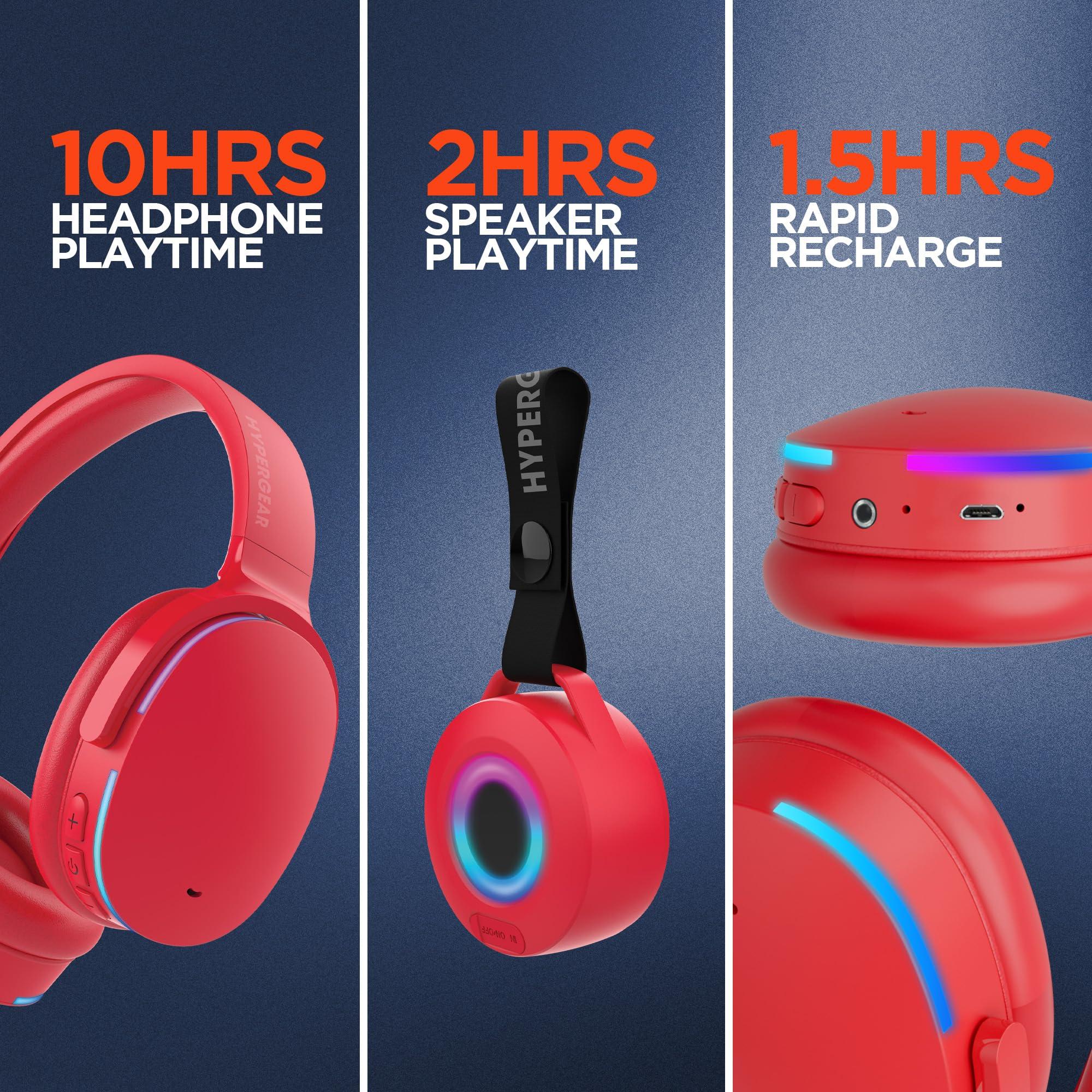 HyperGear HyperGear Wireless Bluetooth Headphones + Loud HD Stereo Sound Speaker Over-Ear Noise-Isolating Fit Headset with Built-in Mic [LED Light Up Earphones + Speaker] Red