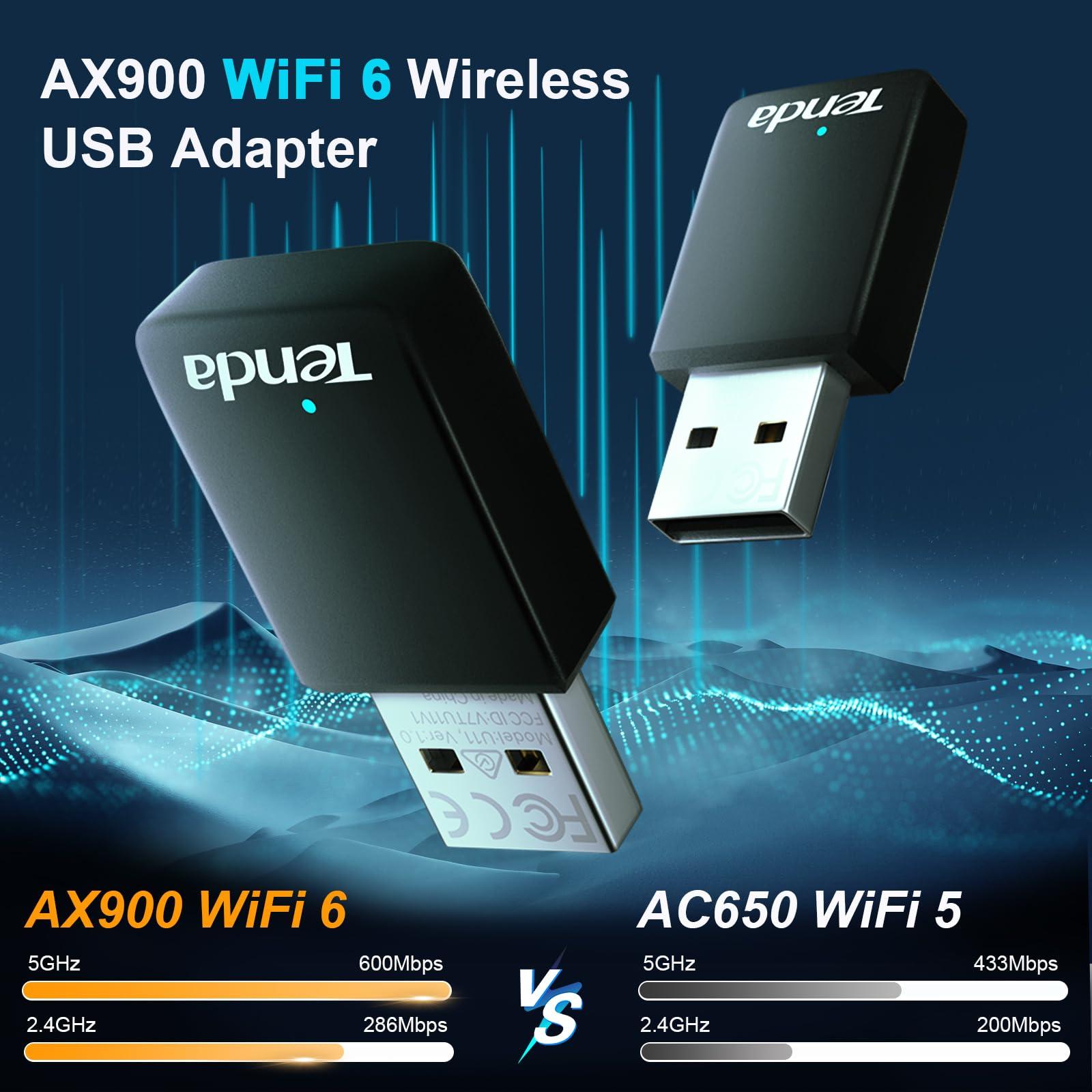 Tenda Tenda AX900 WiFi 6 USB Adapter - Dual Band 600Mbps 5GHz/ 286Mbps 2.4GHz, Mini USB Wifi 6 Adapter for Desktop PC Laptop, Wireles WiFi Adapter for Windows 11/10/7/Linux3.1+/Ubuntu, USB WiFi Dongle (U11)