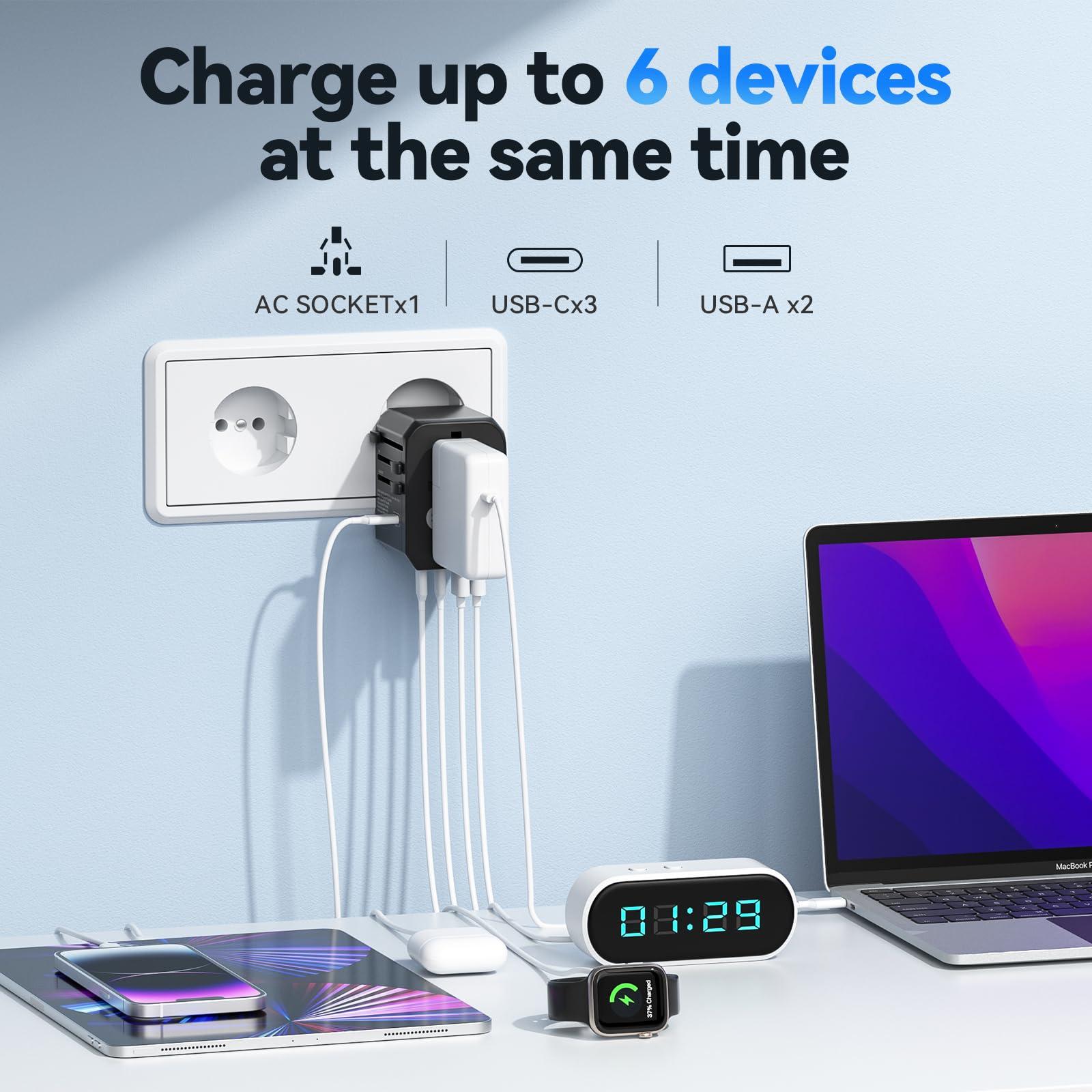 Unidapt International Power Plug Adapter, Unidapt Universal Travel Adapter with 3 USB C and 2 USB A Ports, European Worldwide Wall Charger for EU UK AUS USA, Black (JY-305C3)