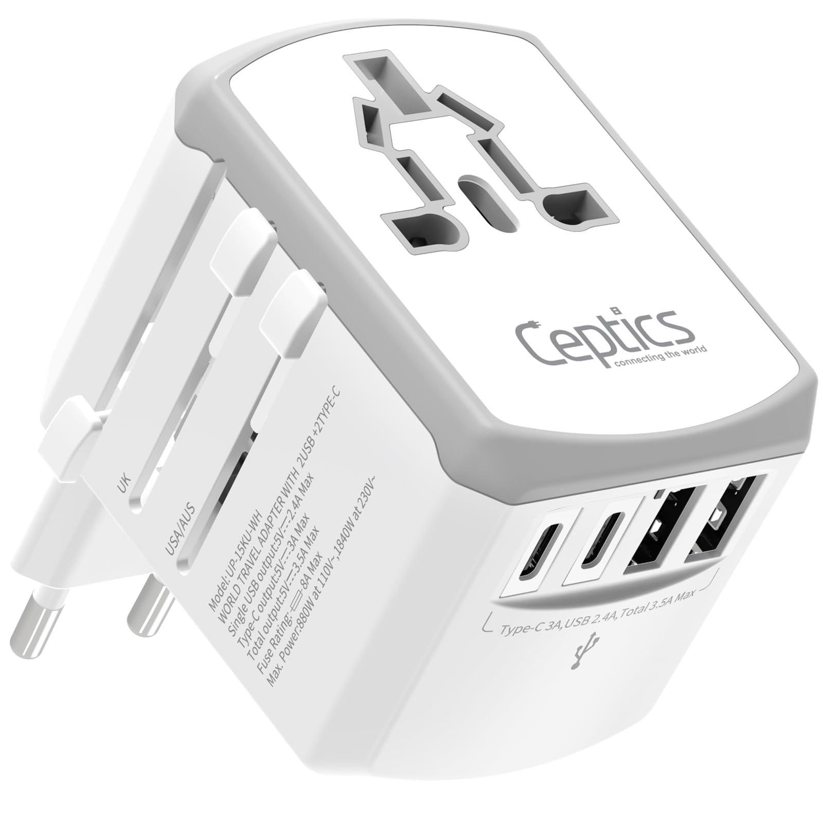 Ceptics Ceptics Universal Travel Adapter 17.5W, 5 in 1 Universal Laptop Charger with 2X USB-A & USB-C 3.5A for Mobiles, Laptops, Cameras US, UK, EU, AU, All in 1 Type A, C, G, I Output, White