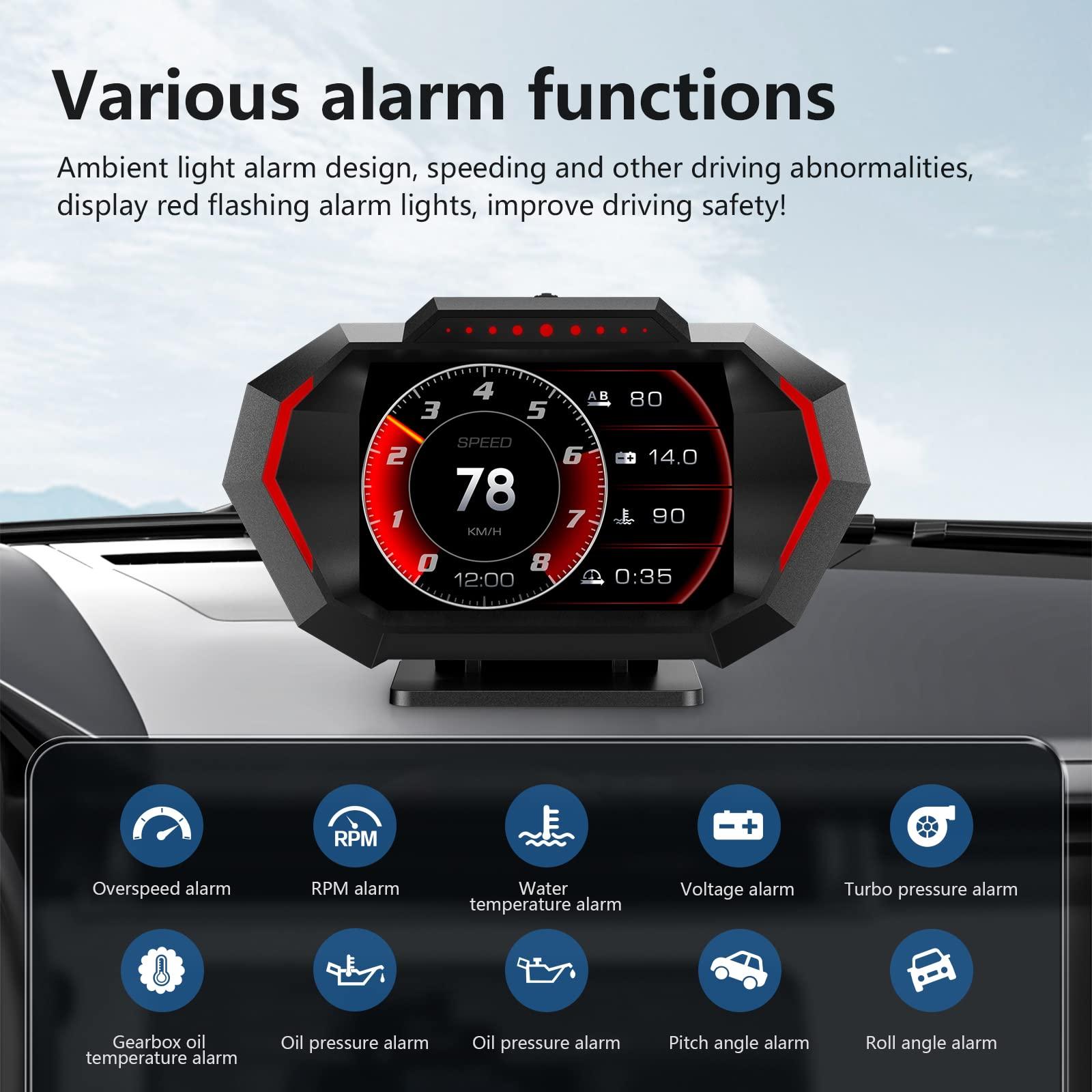 AZIJYV AZIJYV Obd2 Gauge Display with Speed, Heads Up Display for Cars P24, Fuel Consumption, RPM, Overspeed Alarm, OBD+GPS Digital Speedometer Suitable for All Car