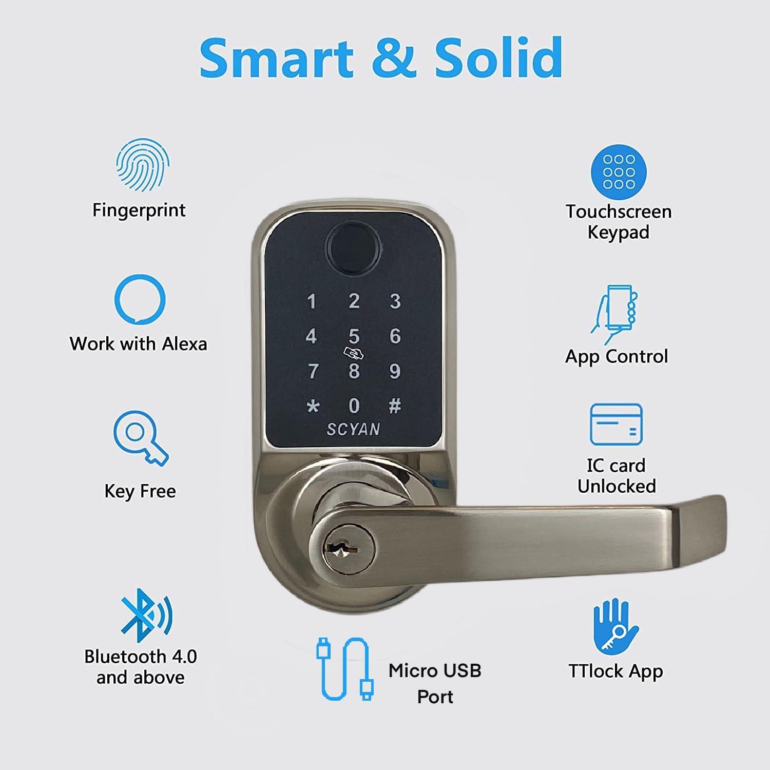 SCYAN Smart Door Lock, Scyan X1, 5 in 1 Fingerprint Biometric Door Lock, Touchscreen Keypad Door Lock, Key Fob, Auto Locking, for Office, Home, Airbnb, Rental House (Brush Nickel)