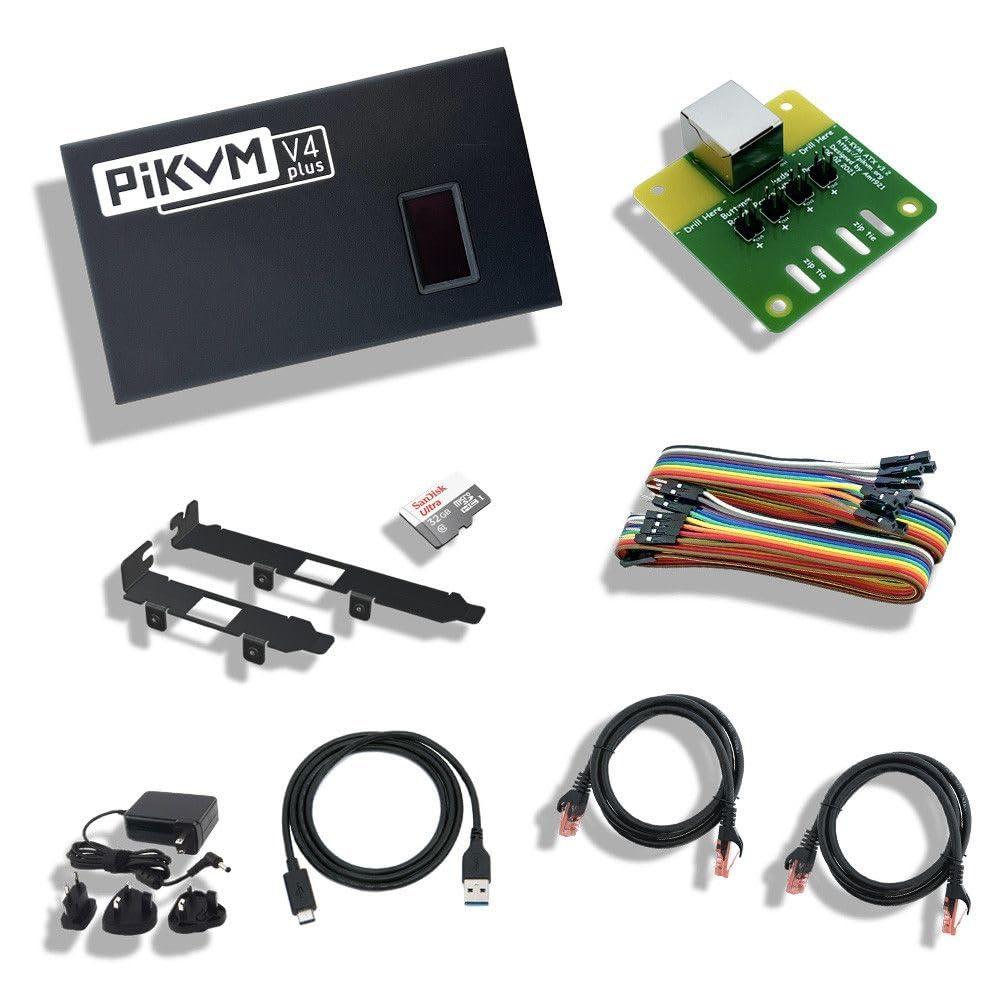PiKVM PiKVM V4 Plus IP KVM - Raspberry Pi Based KVM Over IP - HD Video - Install OS Via UEFI/BIOS Control - USB 3.0 Storage - Remote Control Keyboard, Video, Mouse - HDMI, OLED Display, & Metal Enclosure