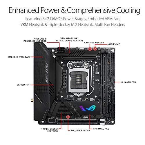 ASUS ROG Strix Z590-I Gaming WiFi 6E LGA 1200 (Intel® 11th/10th Gen) mini-ITX gaming motherboard (PCIe 4.0, 8+2 power stages,Thunderbolt 4 Onboard,2.5 Gb LAN, USB 3.2 Gen 2 front panel Type-C,2x M.2 slots)