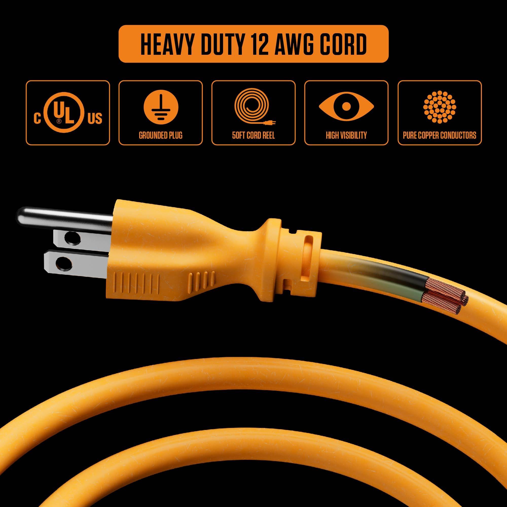 Masterplug Masterplug 50ft Cord Reel, Metal Steel Cable Drum, Retractable Extension Lead with Winding Handle, Safety Overload Circuit Breaker and Power Switch, 4x Grounded Outlets, 15amps, 12AWG Cable