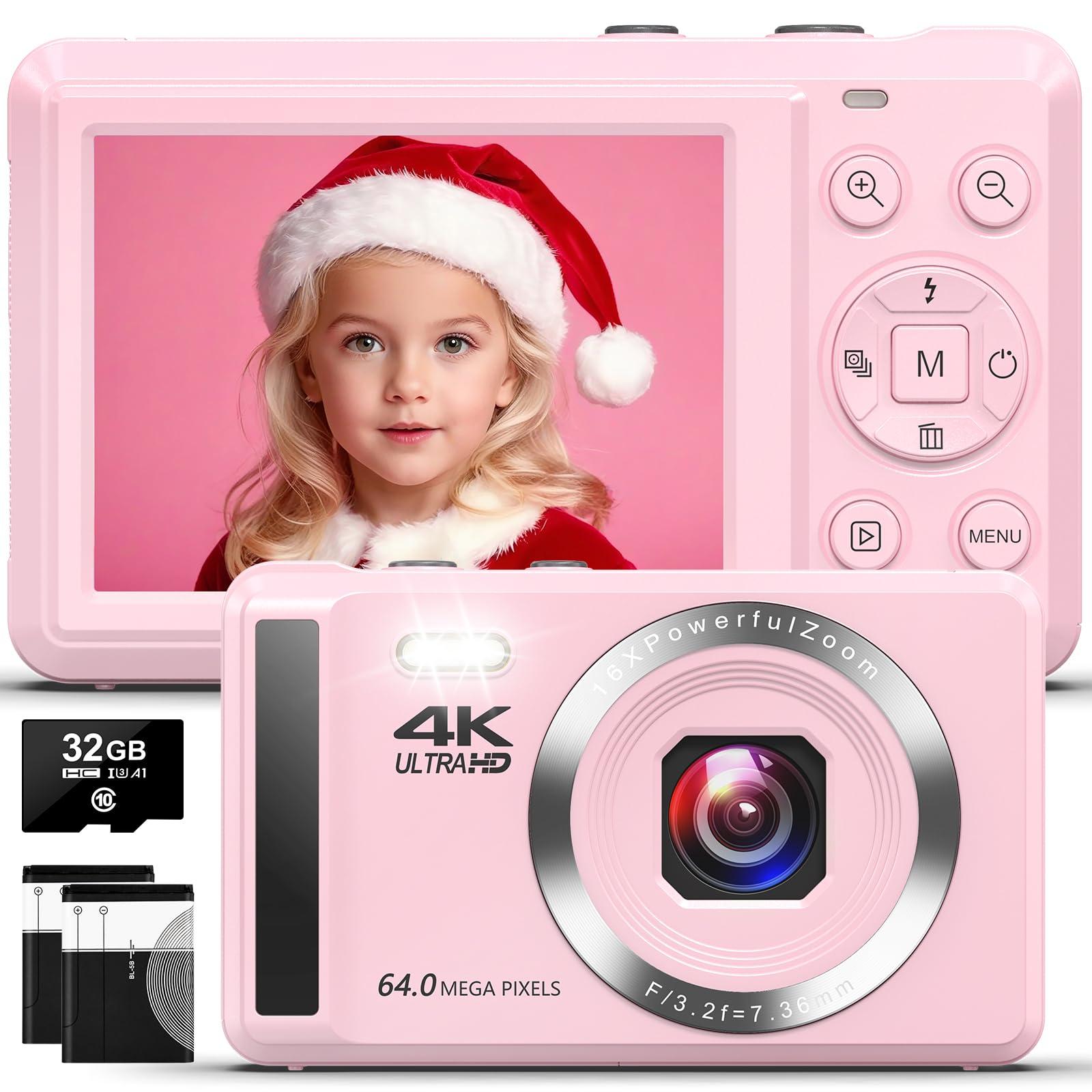 YiFuar Digital Camera - 4K 64MP Digital Camera with 16X Digital Zoom for Photography - UHD Vlogging Camera for Kids and Teens - Compact Point and Shoot Digital Cameras with 32GB SD Card (Pink)