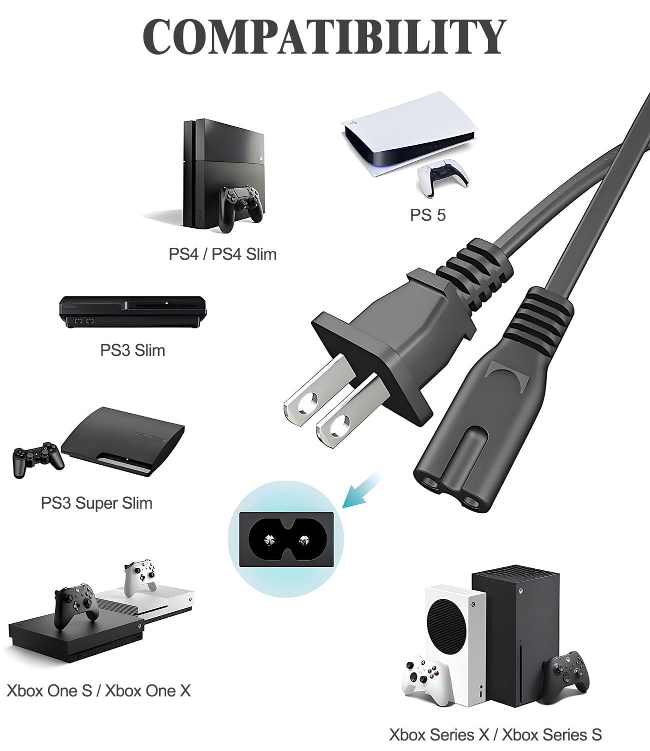 TCKN AC Power Cord for Xbox Series X/S,Xbox One X/S,for Sony PS4 PS5 PS3 Slim PlayStation5 4 3, TV, Printer, Speaker Universal 2 Prong Power Cable Replacement