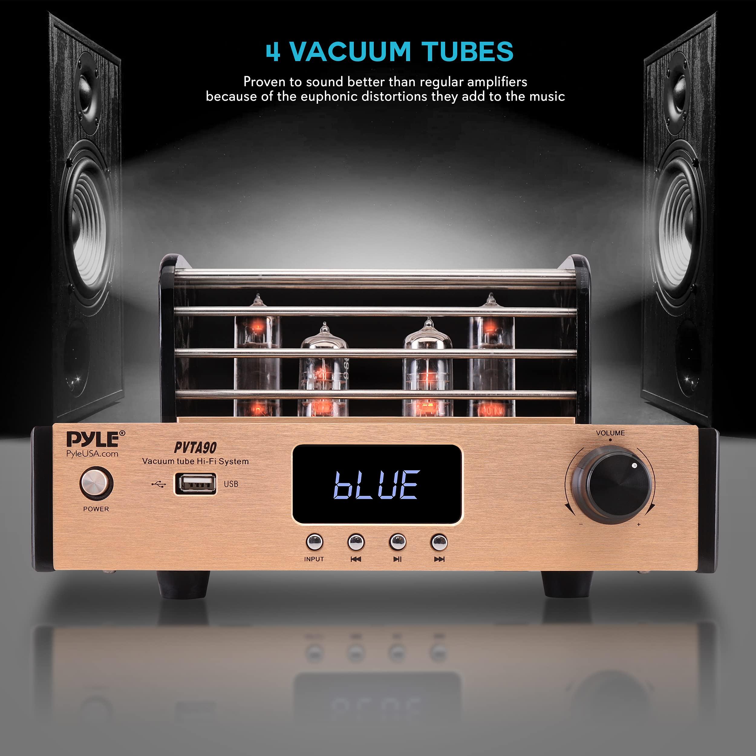 Pyle Bluetooth Tube Amplifier Stereo Receiver - 1000W Home Audio Desktop Stereo Vacuum Hi-Fi Power Amplifier Receiver w/ 4 Vacuum Tubes, USB/CD/DVD Input, Subwoofer Output - Pyle PVTA90