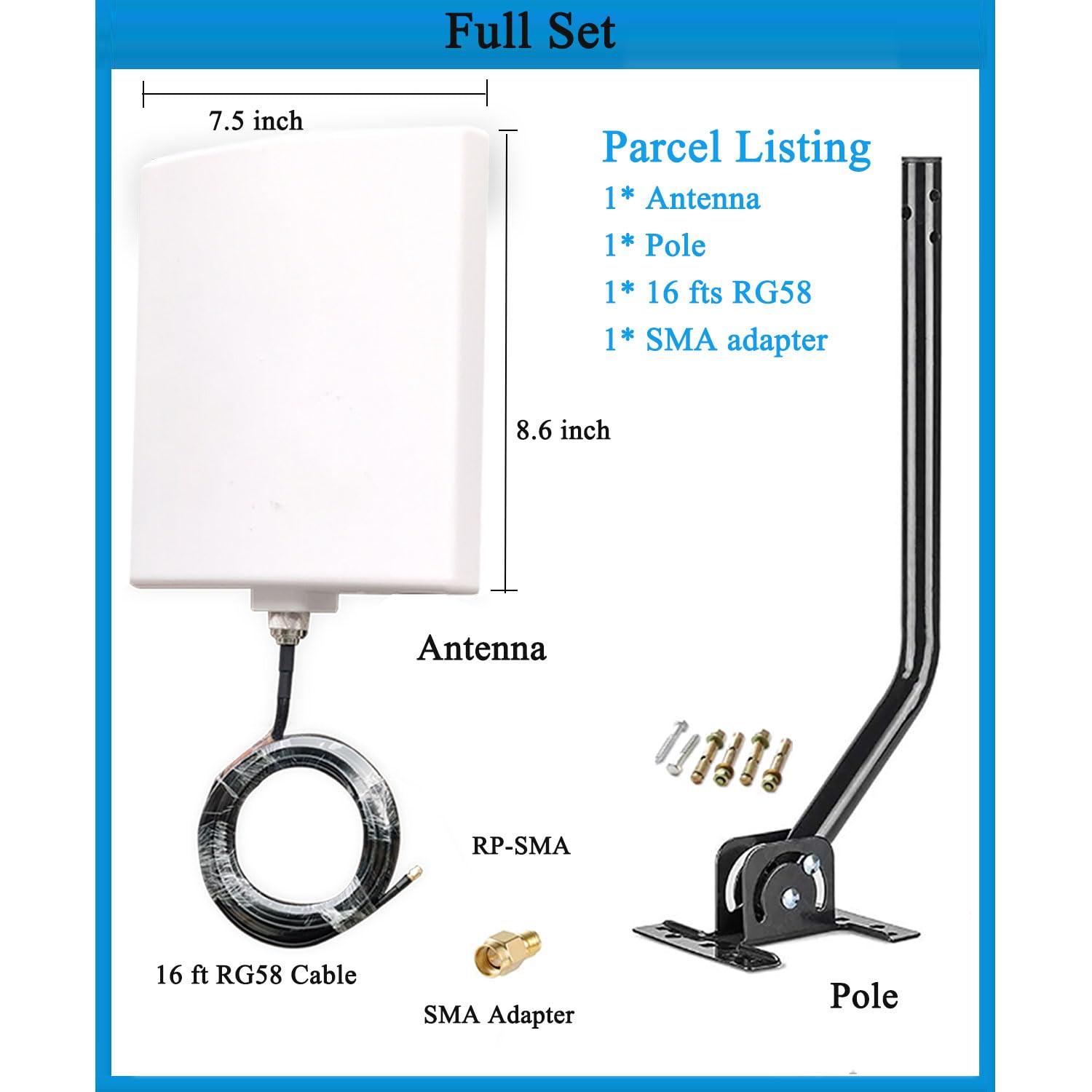 SIGNALPLUS Long Range WiFi Antennas Outdoor Full Kit 2.4GHz 5GHz External Panel Directional WiFi Antenna Extender for WiFi Router/Wireless Camera/WiFi Access Point, 5meter Cable, RP-SMA, SMA, Mounting Pole