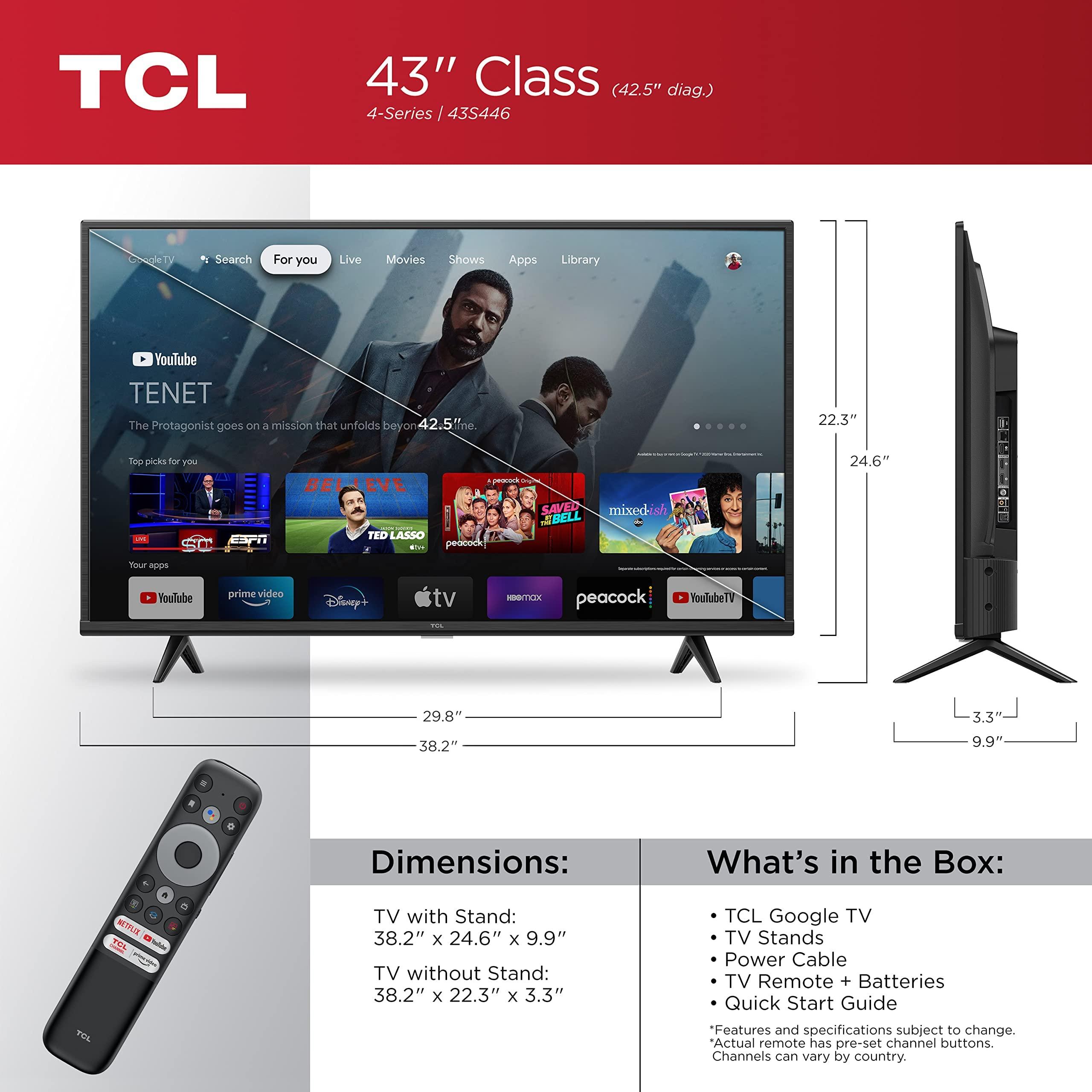TCL TCL 43\" Class 4-Series 4K UHD HDR Smart Google TV 43S446, 2022 Model