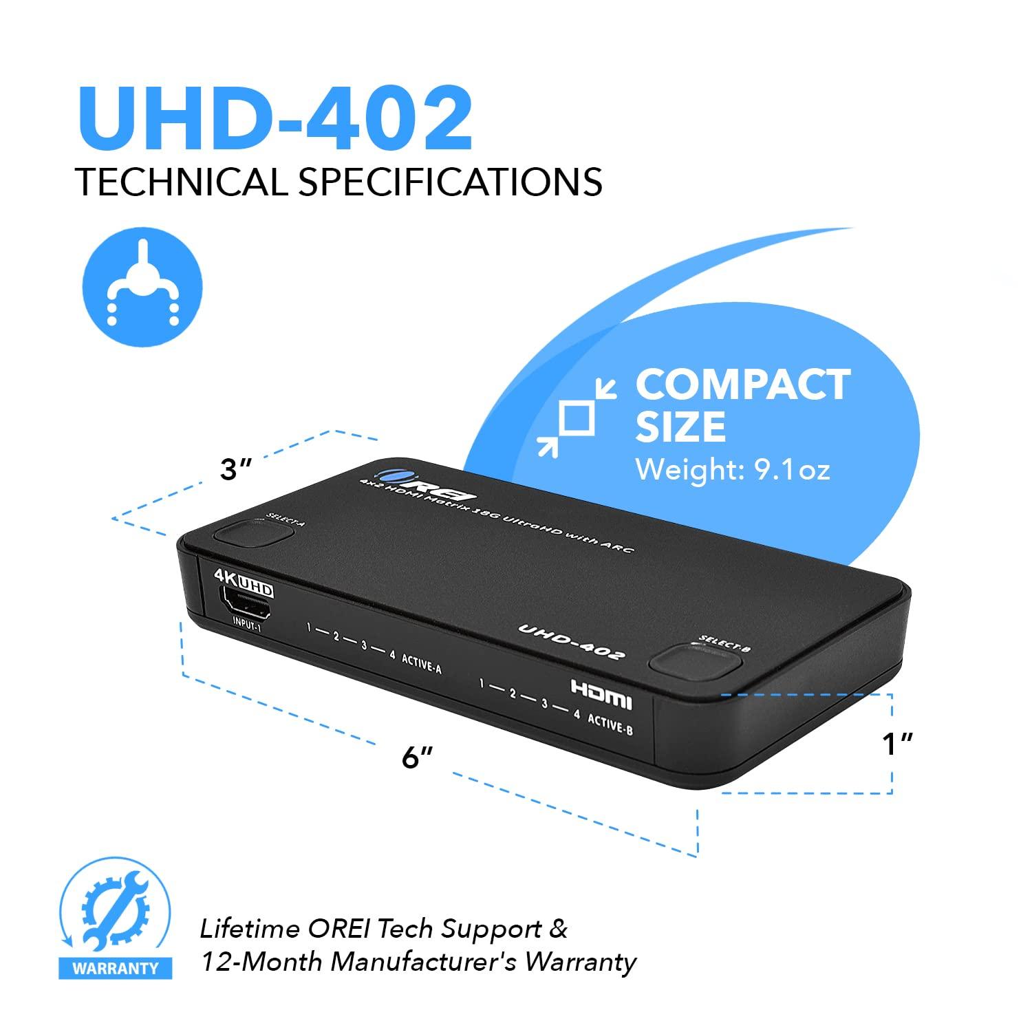 OREI OREI 4K HDMI Matrix Switch 4 X 2, Switcher 18G UltraHD with Arc Supports Upto 4K @ 60Hz & 1080P IR Remote Control - Full Matrix Selection (UHD-402)