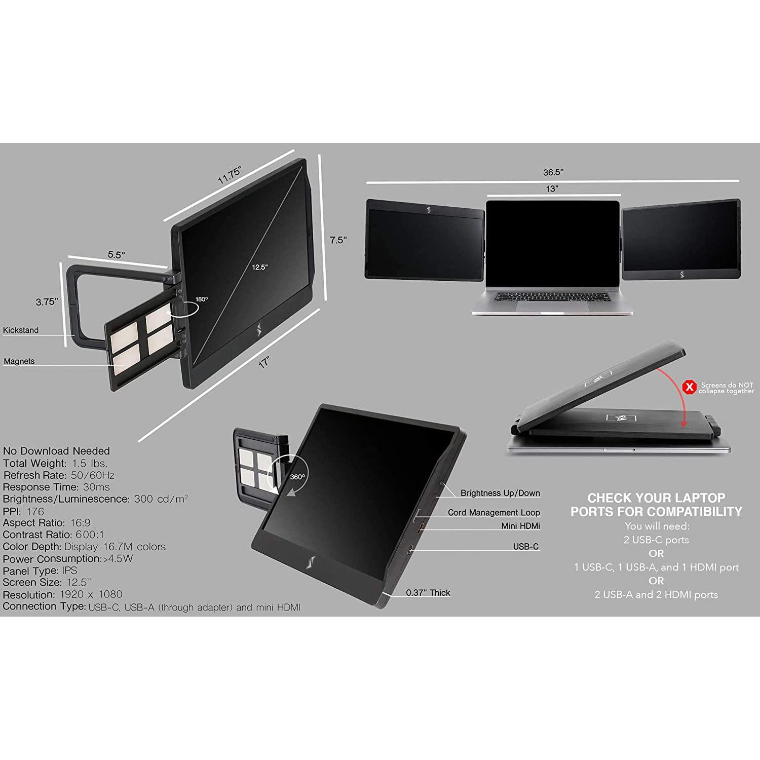 SideTrak SideTrak Swivel 12.5\" Portable Monitor for Laptop, Patented Swivel Hinge, Triple Screen Laptop Setup | FHD Dual Screen w/Kickstand, USB-C & HDMI, Mac, PC, Chrome Compatible (Triple Monitor)