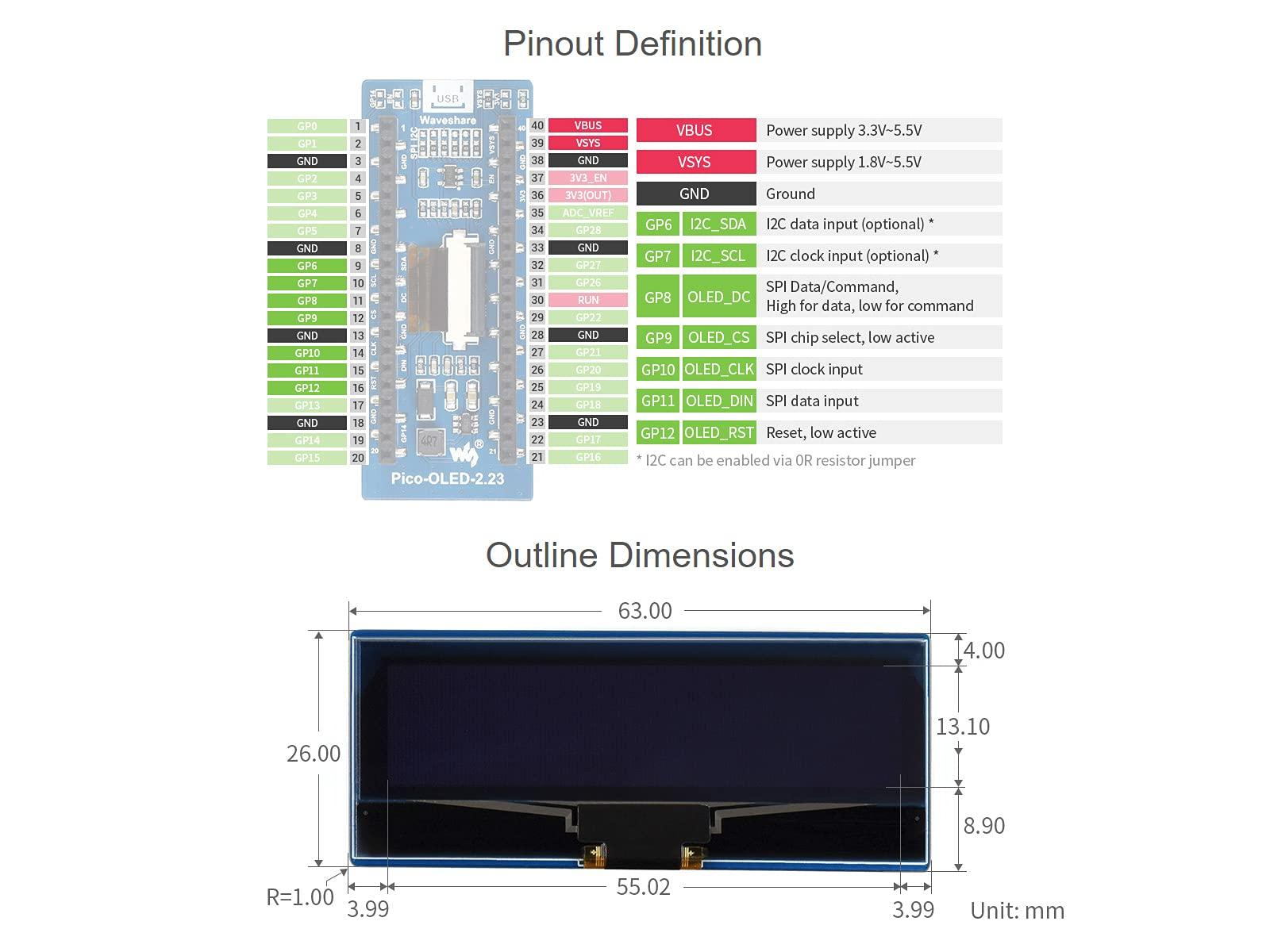 TOP1 Waveshare 2.23 inch OLED Display Module for Raspberry Pi Pico 128×32 Pixels Screen SPI/I2C Four-Wire SPI and I2C Communication Monitor @TOP1