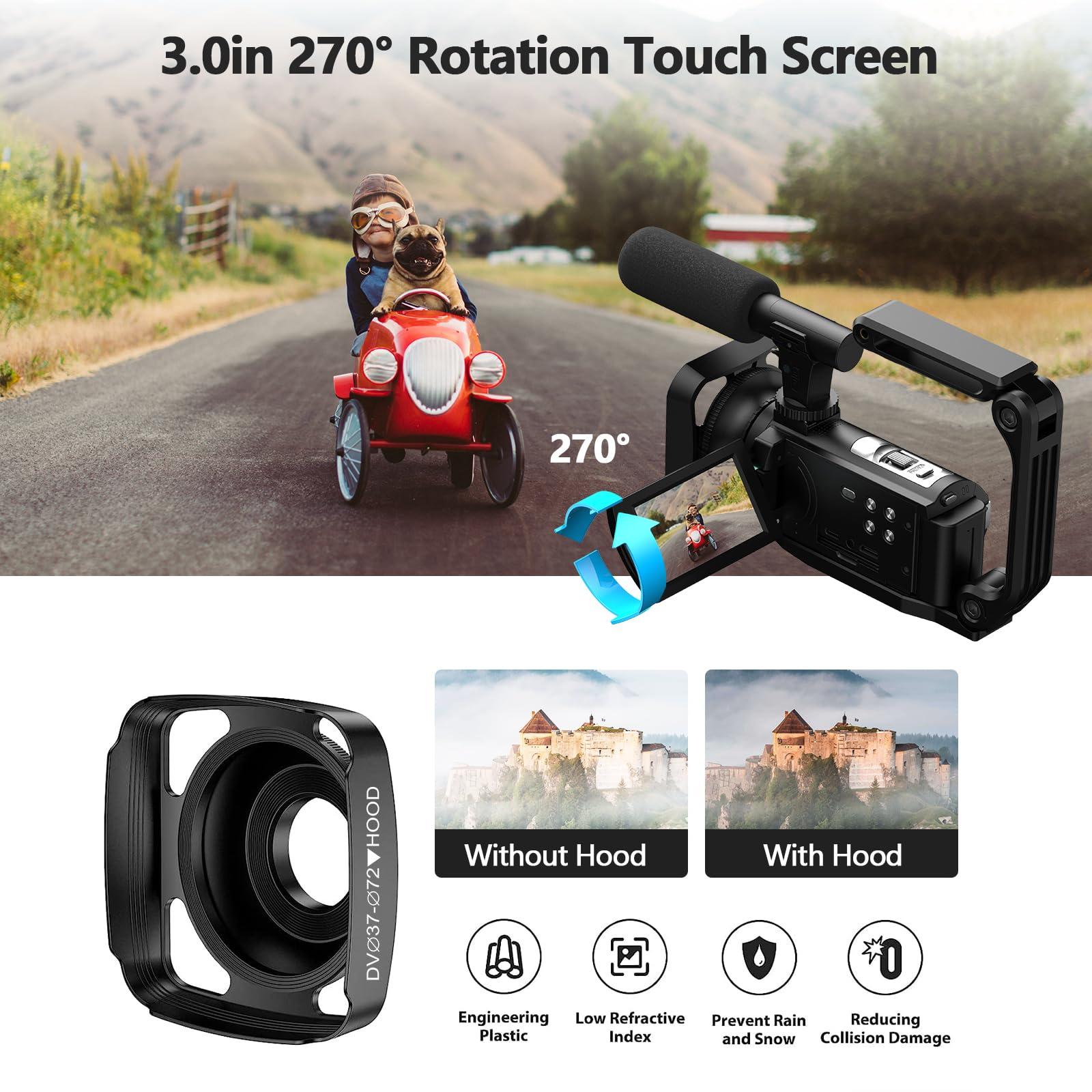 CAMWORLD Camcorder Video Camera, 5K 56MP Vlogging Camera YouTube WiFi Night Vision 3 270 Rotatable Touchscreen Podcast Cameras Recorder with 64GB SD Card, Microphone, Stabilizer, Remote, Batteries, Tripod