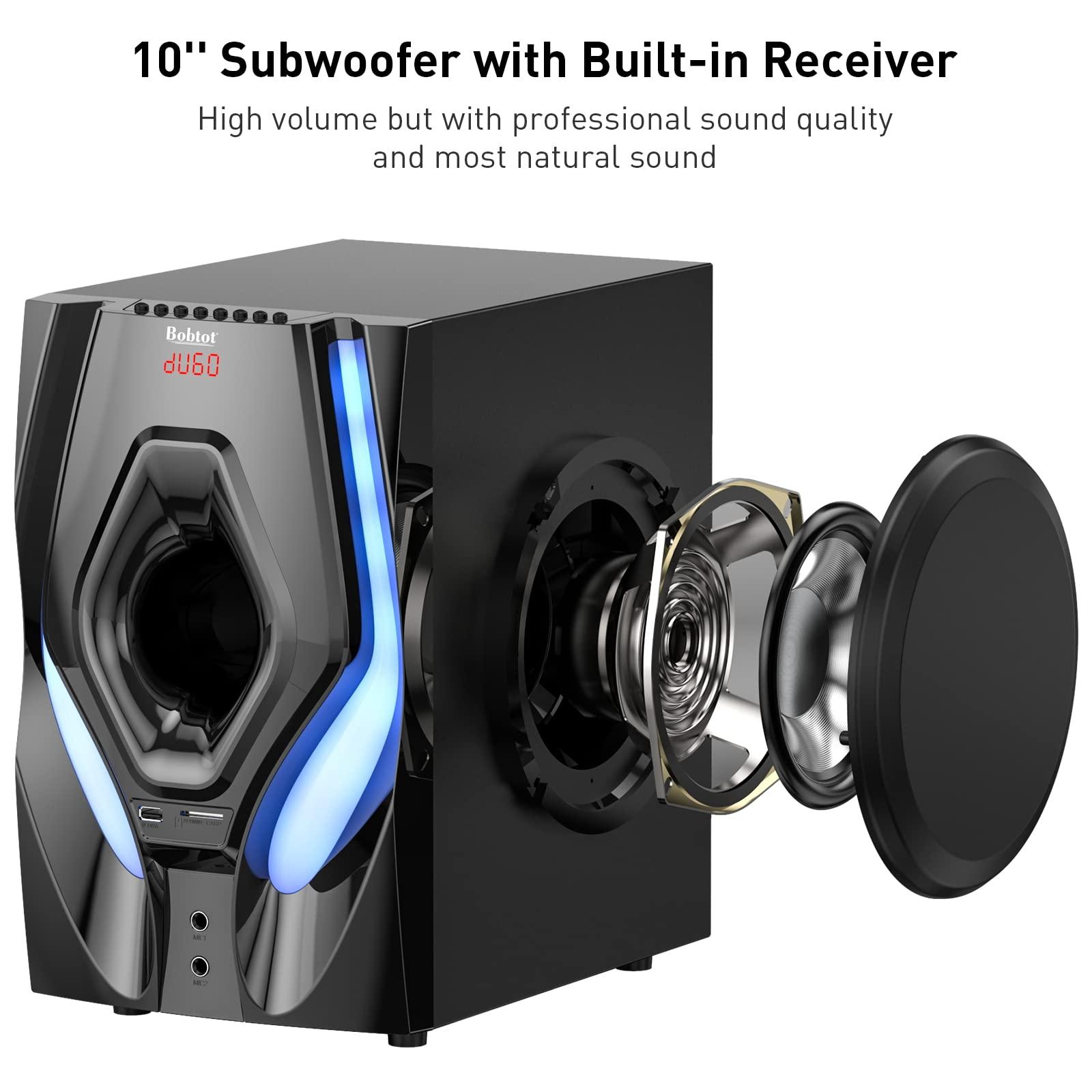 Bobtot Bobtot Home Theater Systems Surround Sound Speakers - 1200 Watts 10 inch Subwoofer 5.1/2.1 Channel Audio Stereo System with HDMI ARC Optical Bluetooth Input for 4K TV Ultra HD AV DVD FM Radio USB