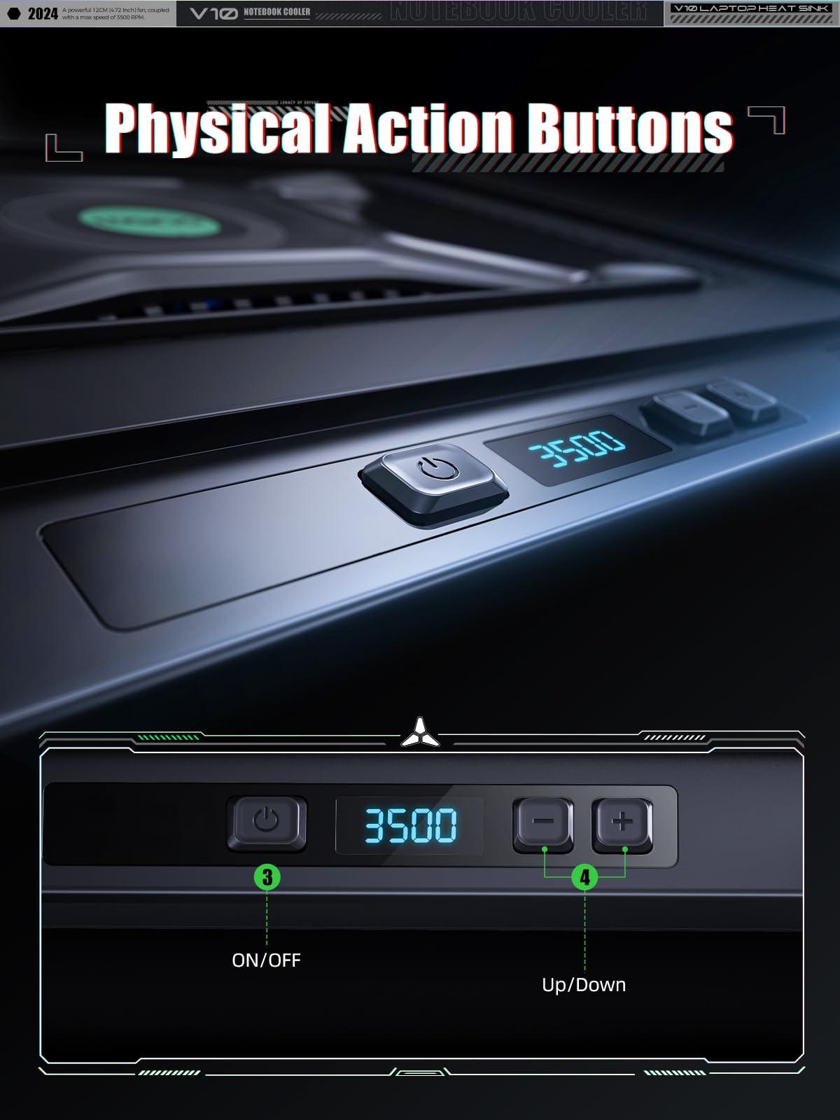 llano llano Laptop Cooler, Gaming Laptop Cooling Pad with 3500RPM Turbofan, 4.72 Inch External Fan Laptop Stand, Adjustable Variable Speed, Button Control, Seal Foam for Rapid Laptop13-17.3in, V10, Black