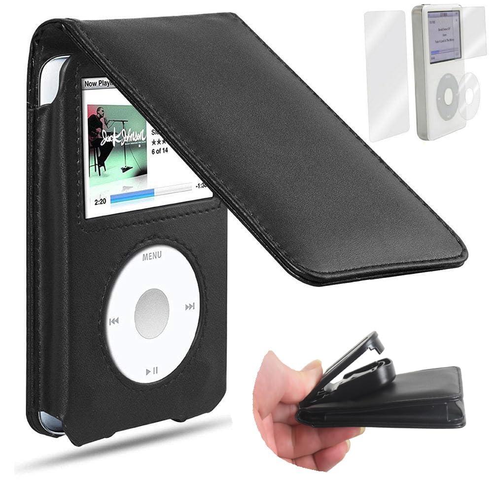 AudioPartner Leather Protective Shell Case Cover for Apple iPod Classic 6th 7th 80GB, 120GB Thin 160GB and iPod Video 5th 30gb with Belt Clip + Screen Protector-10.5mm Thickness Thin Version