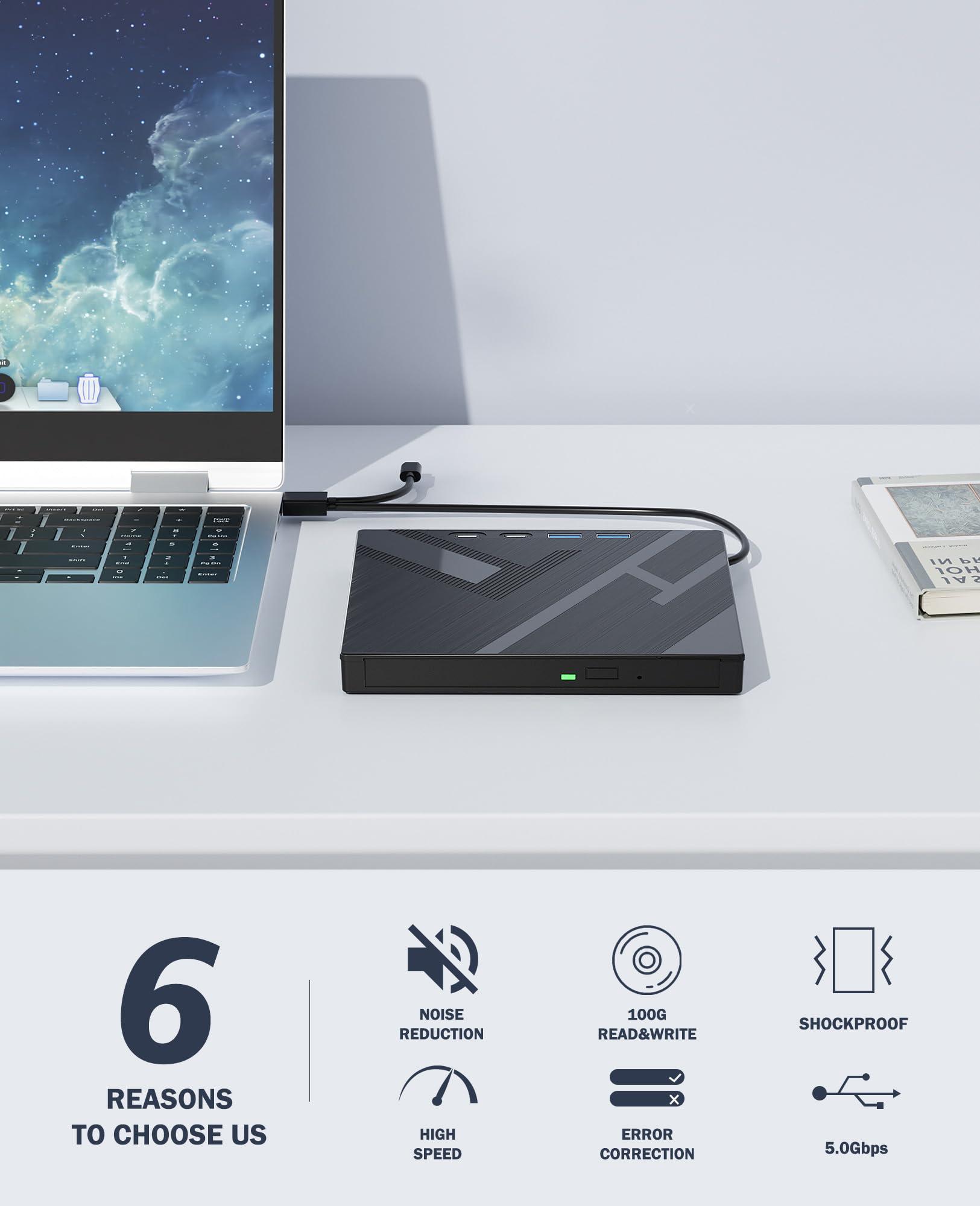 Wbacon 7 in 1 External Blu-ray Drive, USB 3.0 Type-C Optical External Bluray/DVD Drive Burner with SD/TF Port, Support 100G Disc R/W for PC Compatible with Windows XP/7/8/10/11 Mac Laptop Desktop