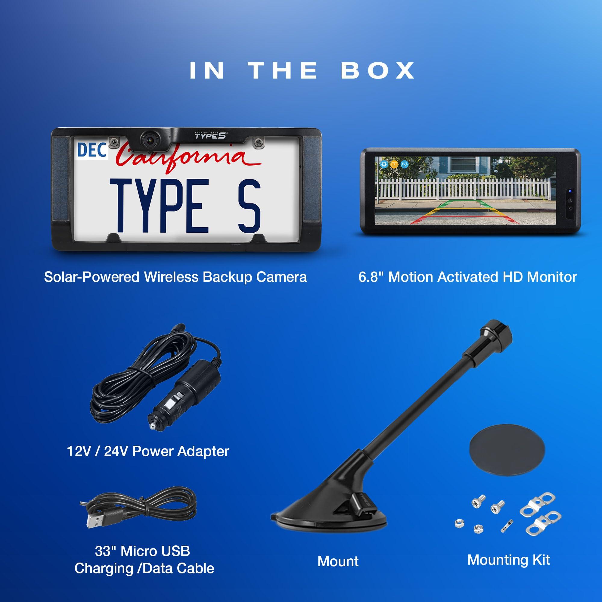 TYPE S TOURING ITEMS Type S | Vehicle Wireless Backup Camera License Plate Frame, Extra Long Battery Life with Solar Powered Charging, Waterproof, Portable 6.8" HD Motion-Activated Touch-Screen Monitor for Cars, Truck, RV