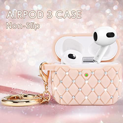 WorryFree Gadgets Worryfree Gadgets Case Compatible with AirPods 3 Case Generation 3 Bling Rhinestone Cover for Women TPU Protective Shockproof Case with Keychain for AirPod 3 Charging Case, Pink