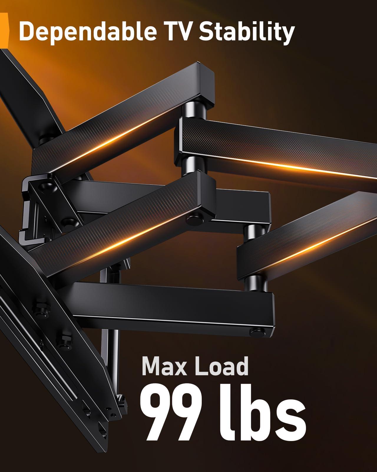 Perlegear Perlegear Pre-Assembled TV Wall Mount with LED Lights for 26-65 inch TVs up to 99 lbs, Max VESA 400x400mm, Swivel, Extension, Tilt, TV Backlights with Music Sync, Fits 16/12 Wood Studs, PGMF20