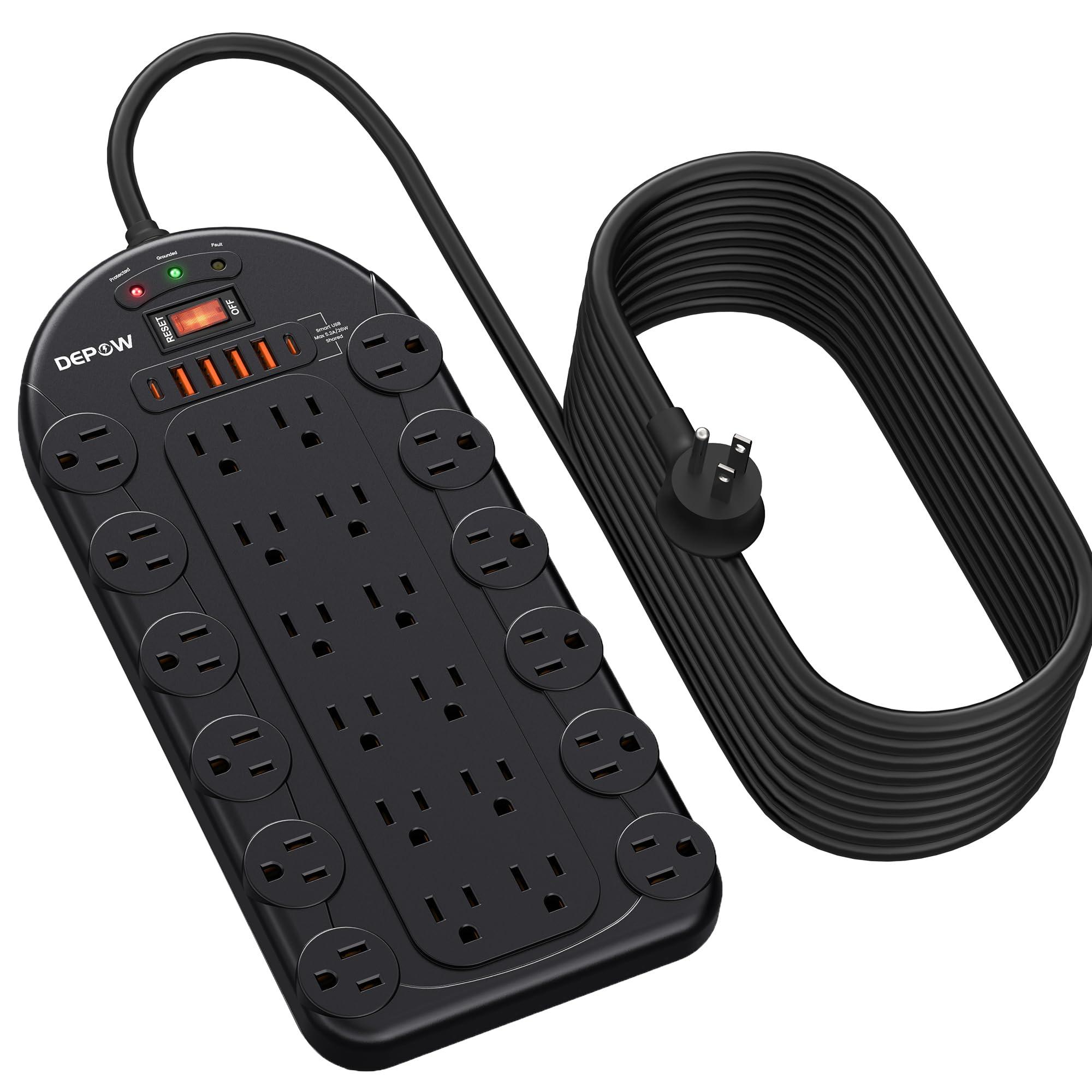 DEPOW 15Ft Power Strip Surge Protector (3,400 Joules), DEPOW 24 AC Multiple Outlets (1875W/15A) with 6 USBs (2 USB-C Ports), ETL Listed, Flat Plug Heavy Duty Long Extension Cord for Home, Office, Black