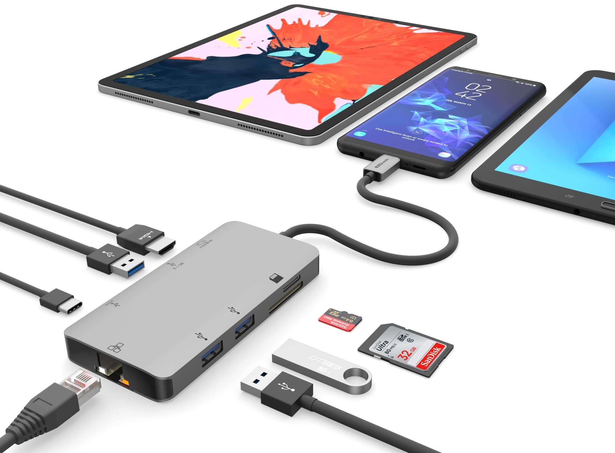 EZQuest EZQuest USB C Hub Docking Station 8 in 1 with 4K HDMI, 1 Gbit Ethernet, 3 USB A 3.0 Ports, 1 USB-C PD/Data, SD/Micro SD for Work and Travel, Compatible with MacBook/Dell/HP/Lenovo/Laptops