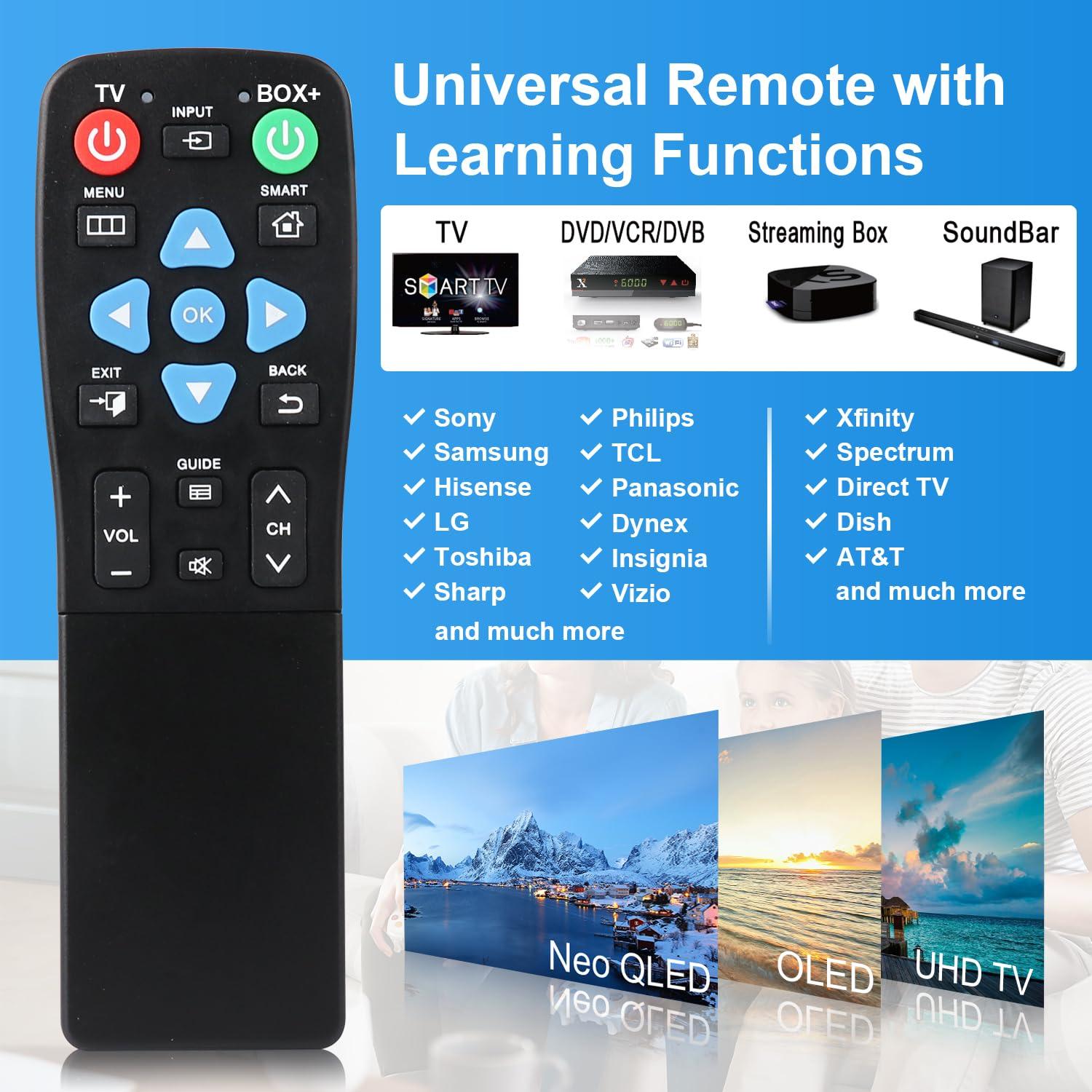 XGBFH Universal Big Button Remote for Seniors, Elderly, 2-Device Control - Learning Functions, Use for TV, Streaming Box, Soundbar Audio Recevier, DVD/VCR/SAT Device & Blue-Ray DVD, Dementia Friendly Gifts