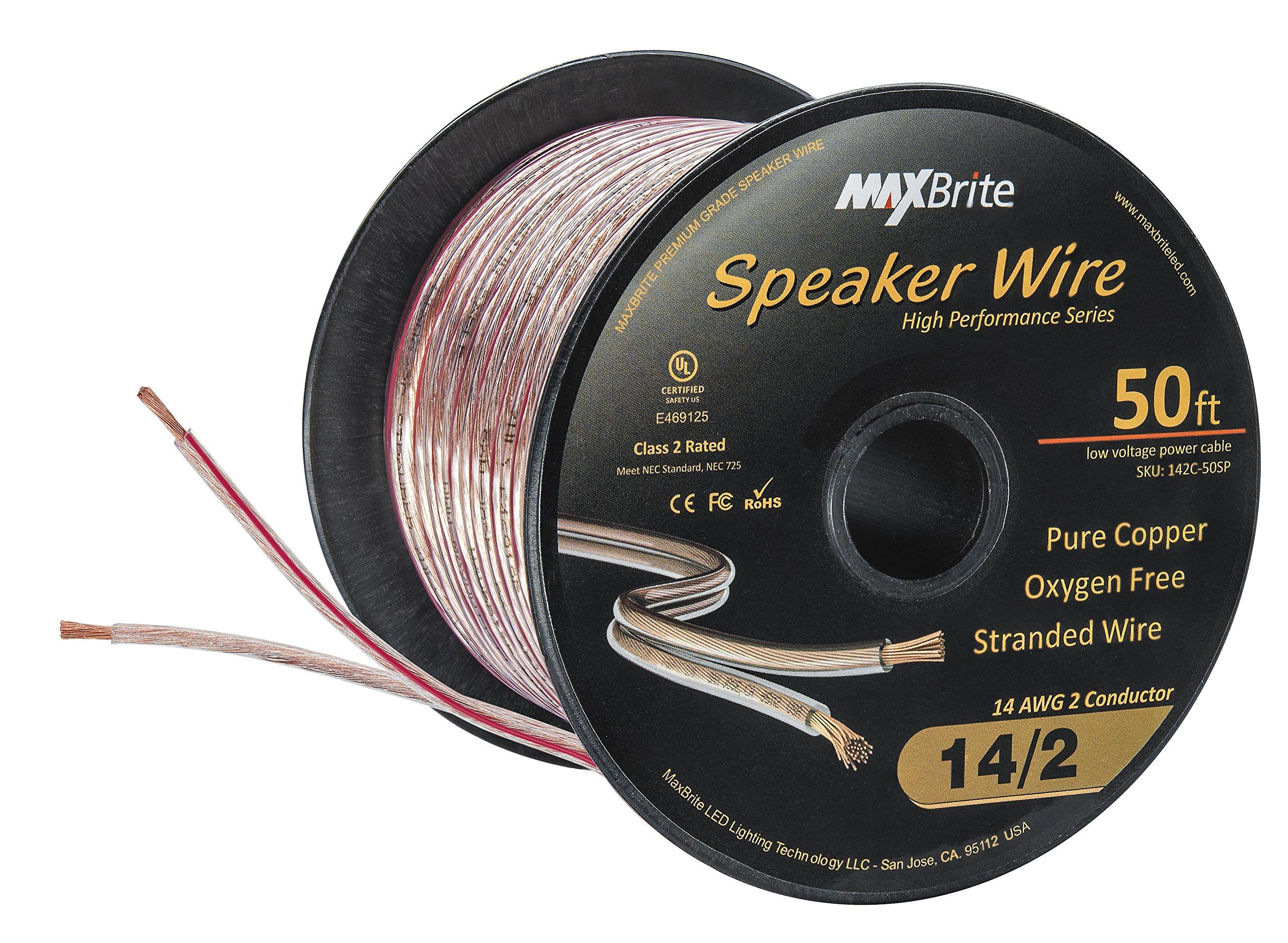 MaxBrite High Performance 14 Gauge Speaker Wire, Oxygen Free Pure Copper - UL Listed Class 2 (50 Feet Spool)