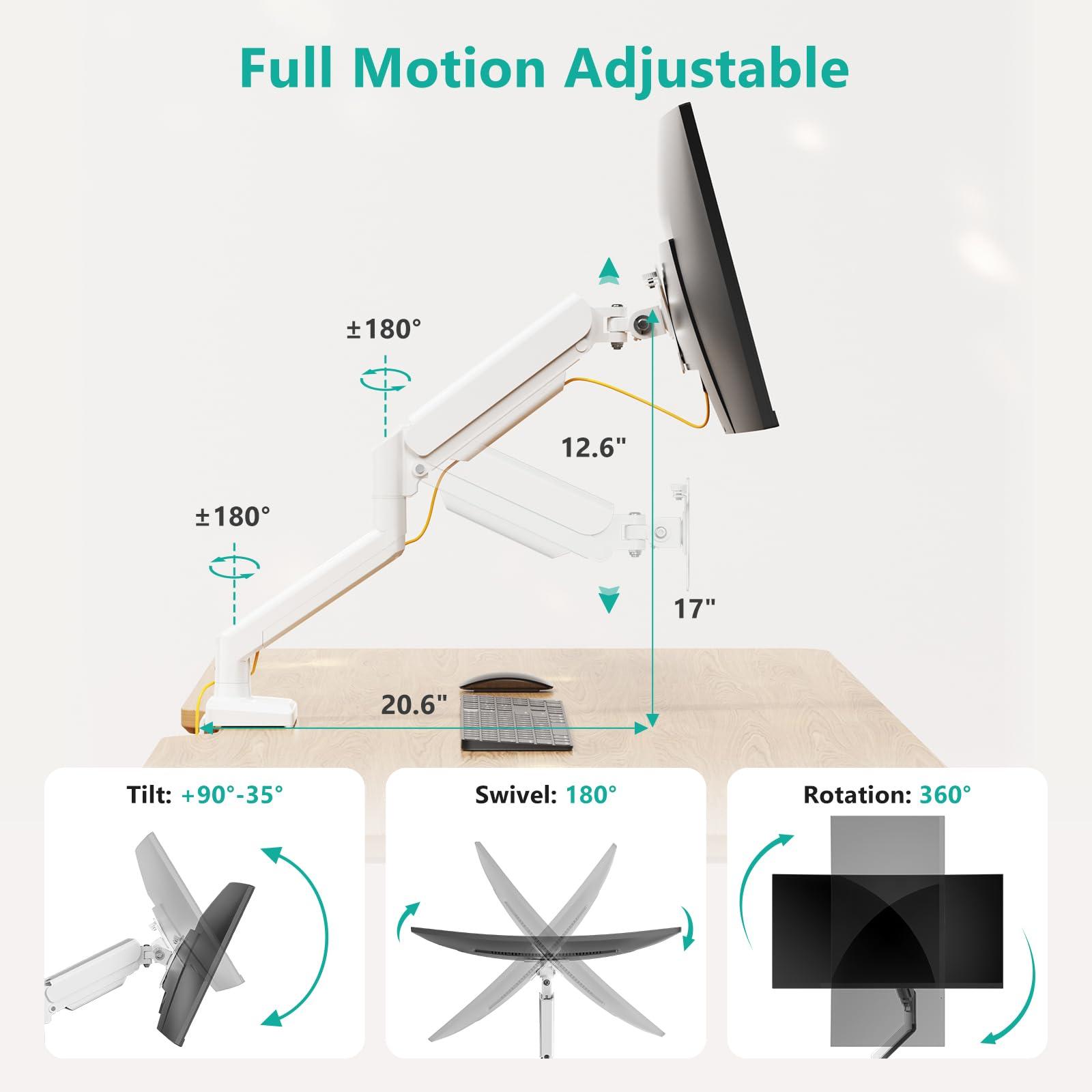 WALI WALI Single Monitor Arm Mount Stand, Adjustable Gas Spring Arm Monitor Mount for Display up to 32 Inch,19.8lbs Capacity (GSMP001W), White