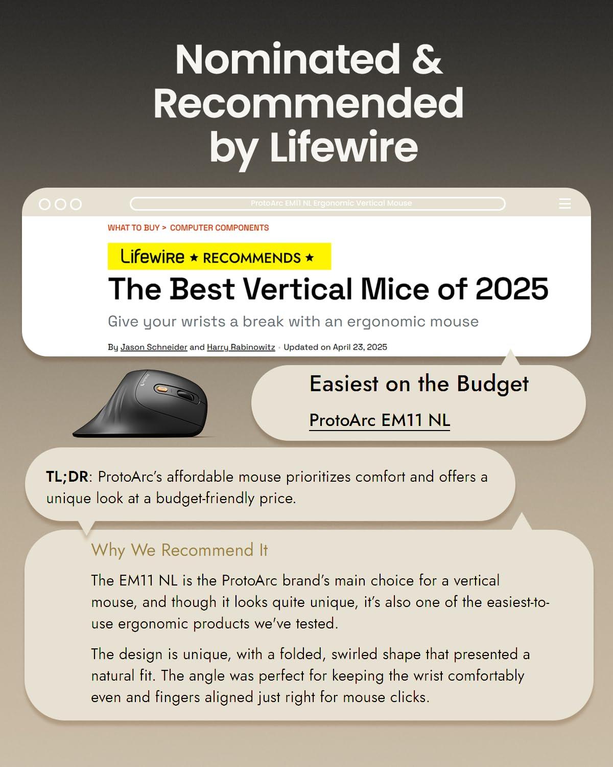 ProtoArc ProtoArc Ergonomic Vertical Mouse, EM11 NL Bluetooth Rechargeable Wireless Mouse, 3 Multi-Device Connectivity for Computer/PC/Laptop, 2.4GHz Optical Mice for Windows, Mac OS, Black
