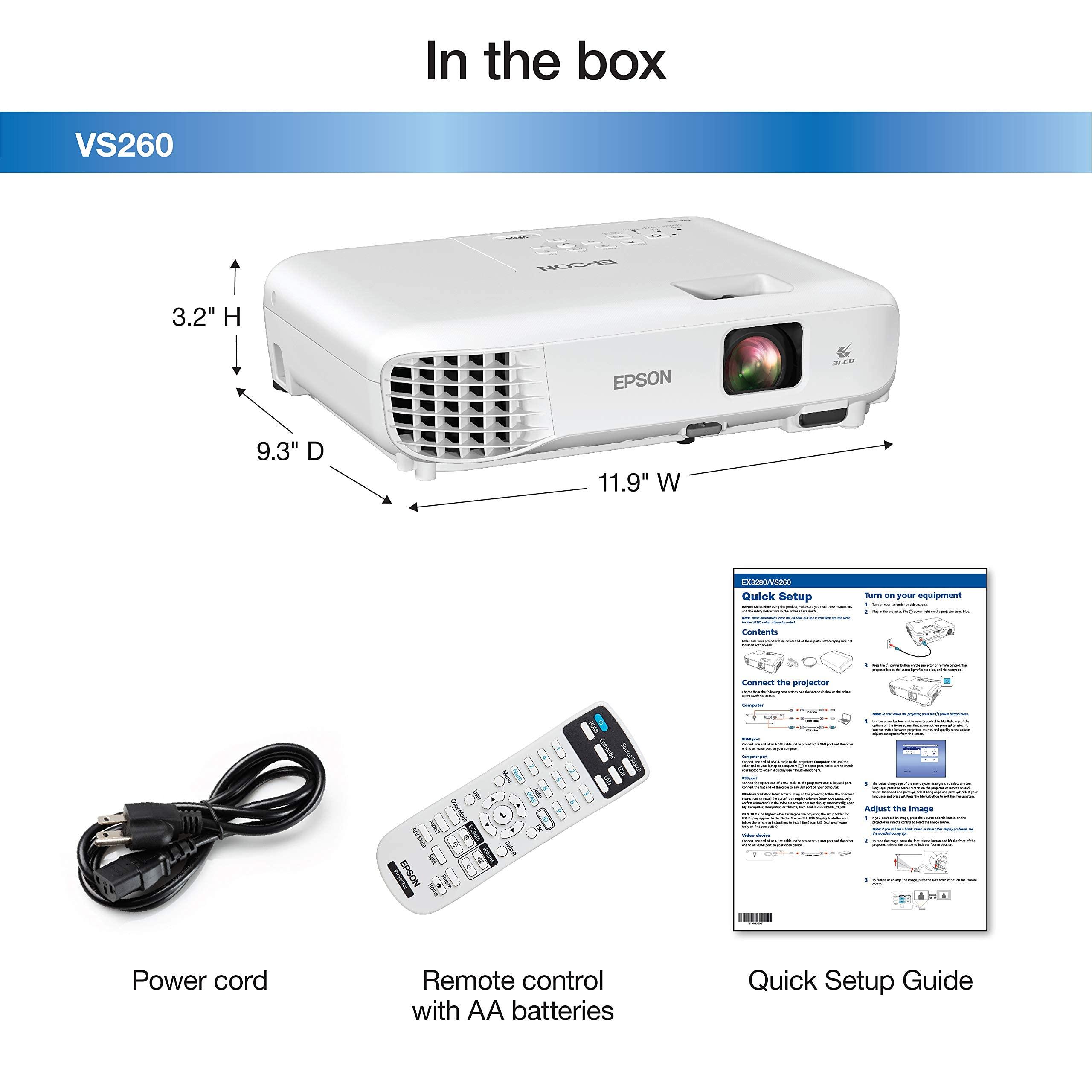 Epson Epson VS260 3-Chip 3LCD XGA Projector, 3,300 Lumens Color Brightness, 3,300 Lumens White Brightness, HDMI, Built-in Speaker, 15,000:1 Contrast Ratio, Small (Renewed)
