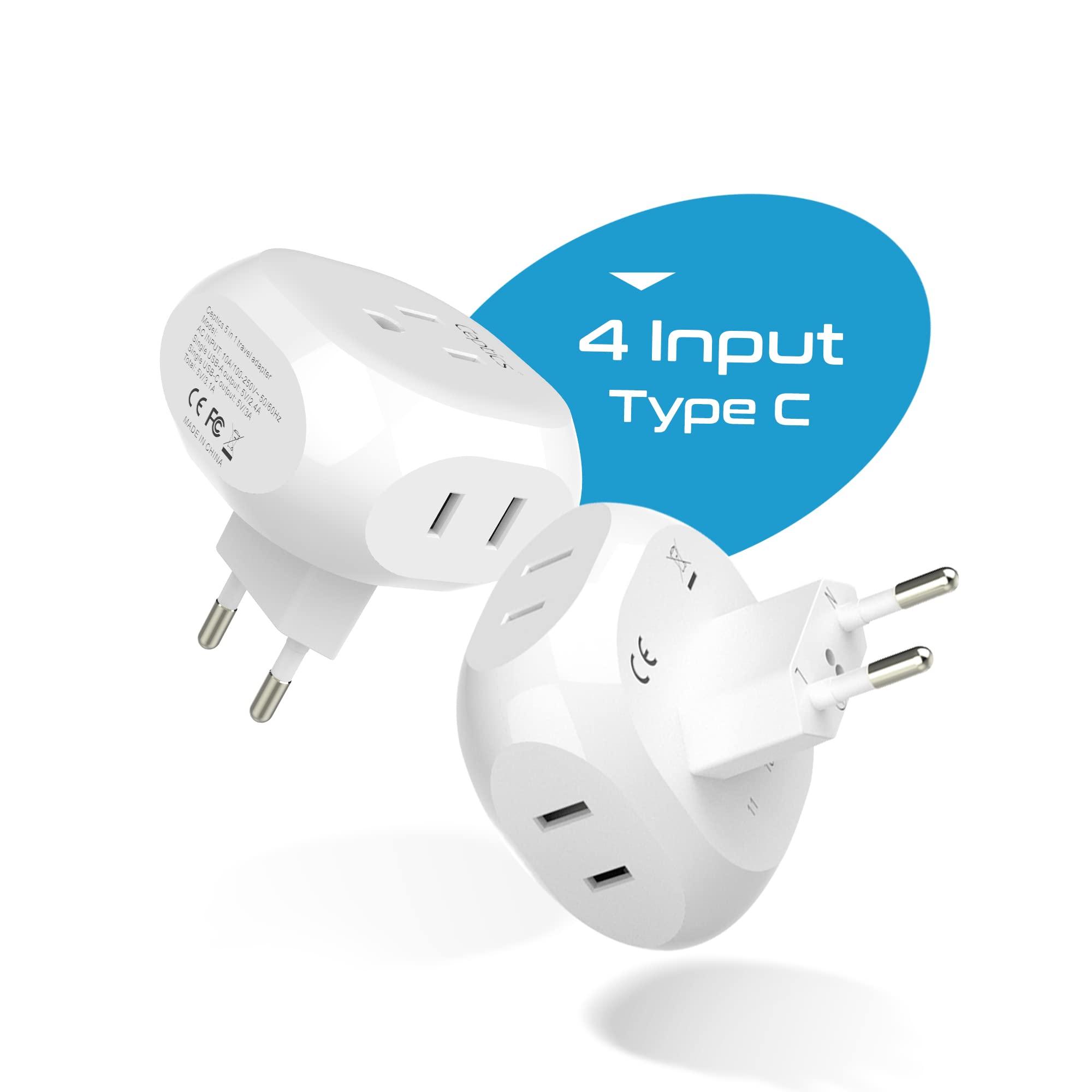 Ceptics Ceptics European Travel Plug Adapter Europe Power Adaptor Charger 4 Input - Ultra Compact - Light Weight - USA to Any Type C Countries Such as Italy, Iceland, Austria and More - 2 Pack (PT-9C)