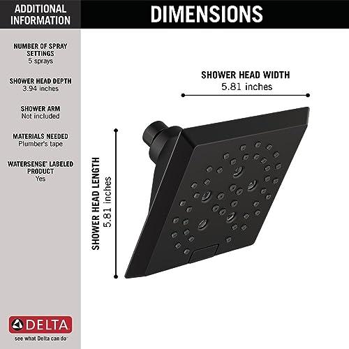 DELTA FAUCET Delta Faucet 5-Spray H2Okinetic Raincan Shower Head, Black Showerhead, Square Shower Head, Delta Shower Head, Water Saving Shower Head, Matte Black 52664-BL