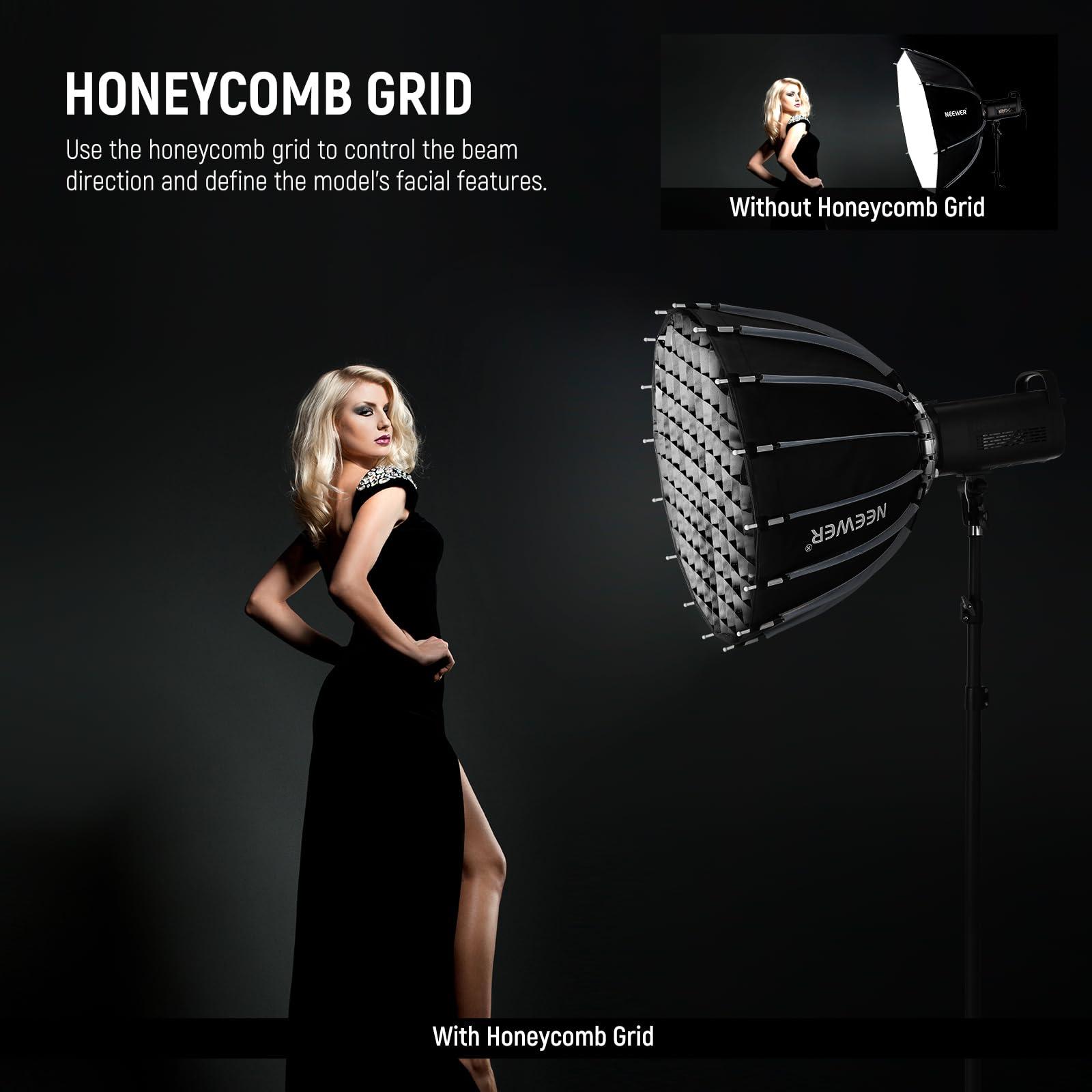 Neewer NEEWER 22\"/55cm Parabolic Softbox Bowens Mount, Quick Release with Diffusers/Grid/Bag for Video Continuous Lighting CB60 CB200B MS60 MS150B Q4 Compatible with Godox Compatible with Aputure, NS55P