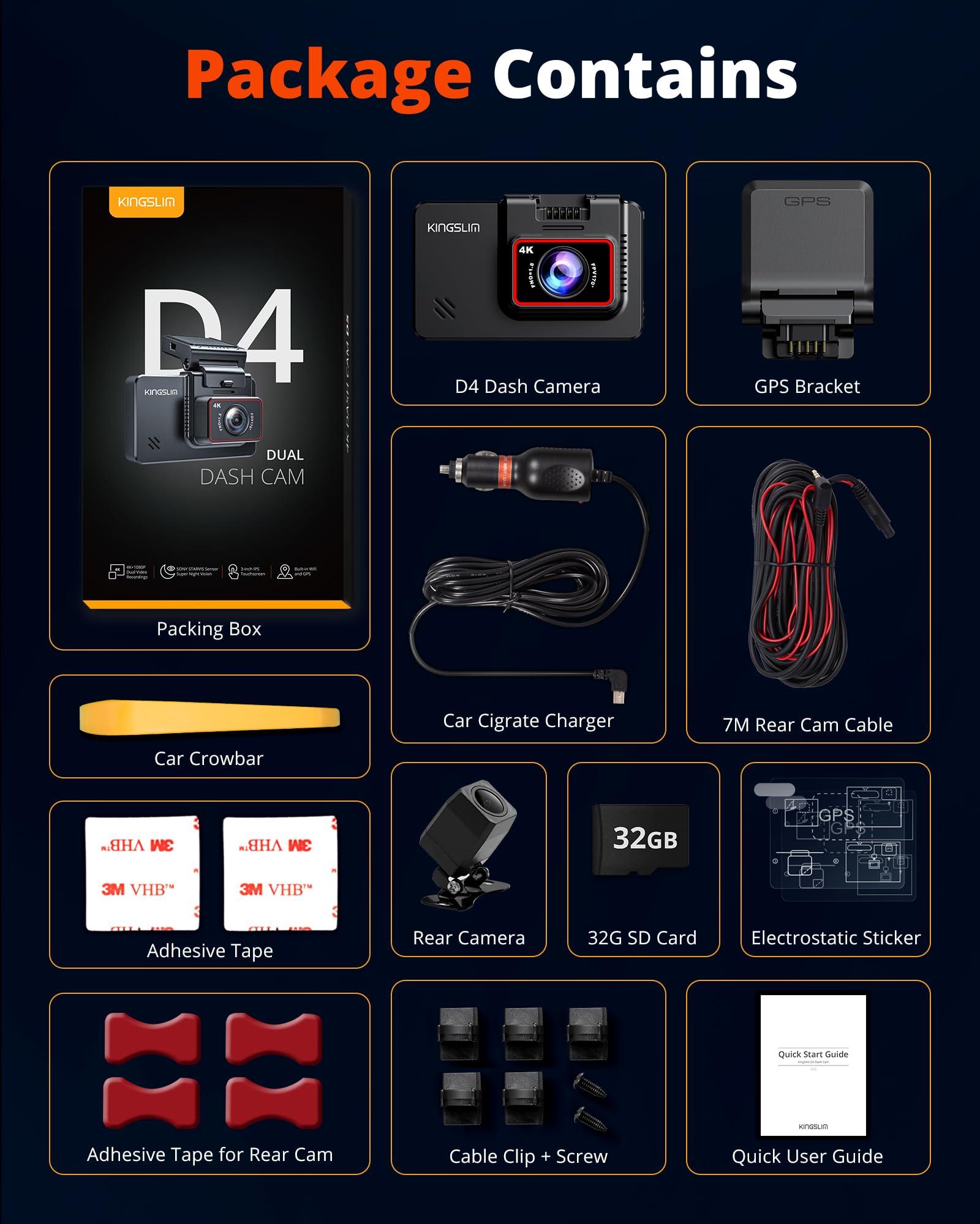 Kingslim Kingslim Dash Cam Front and Rear 4K - D4 Dual Dash Camera for Cars WiFi GPS, Dashcam with 32GB SD Card, 3" Touchscreen, Night Vision, APP, Parking Mode, G-Sensor, Black