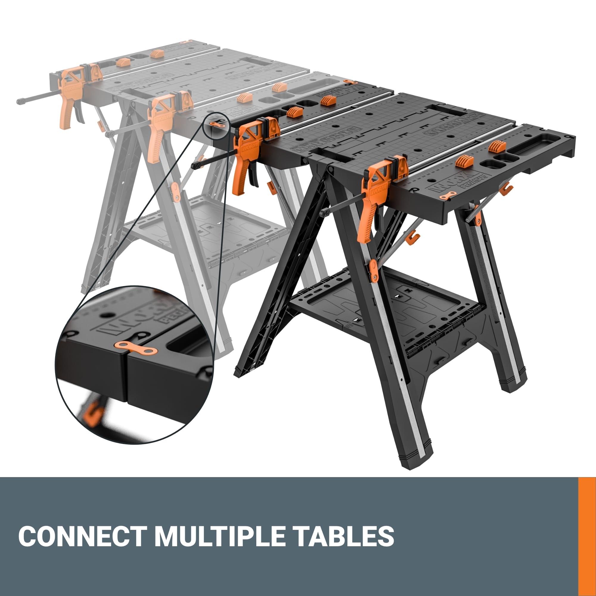 WORX Worx Pegasus 2-in-1 Folding Work Table & Sawhorse, Easy Setup Portable Workbench, 31\" W x 25\" D x 32\" H Lightweight Worktable with Heavy-Duty Load Capacity, WX051 - Includes 2 Clamps & 4 Clamp Dogs