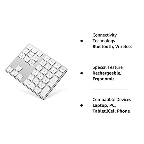 HoRiMe HoRiMe Bluetooth Number Pad, Rechargeable Wireless Numeric Keypad Slim 34-Keys Aluminum Number Keypad External Data Entry Compatible for Laptop