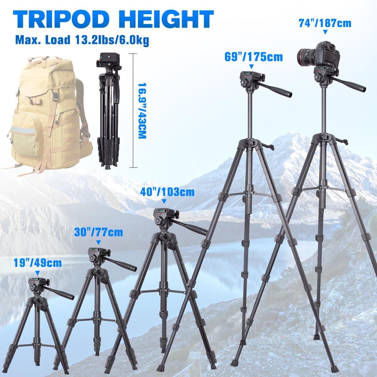 Arsoer Camera Tripod, 74" DSLR Camera Tripod with 2 QR Plates for Sony/Nikon/Canon, Lightweight Video Tripod Stand for Travelling, Phone Tripod with Fluid Head/Phone Holder/Wireless Remote Max.Load 6kg