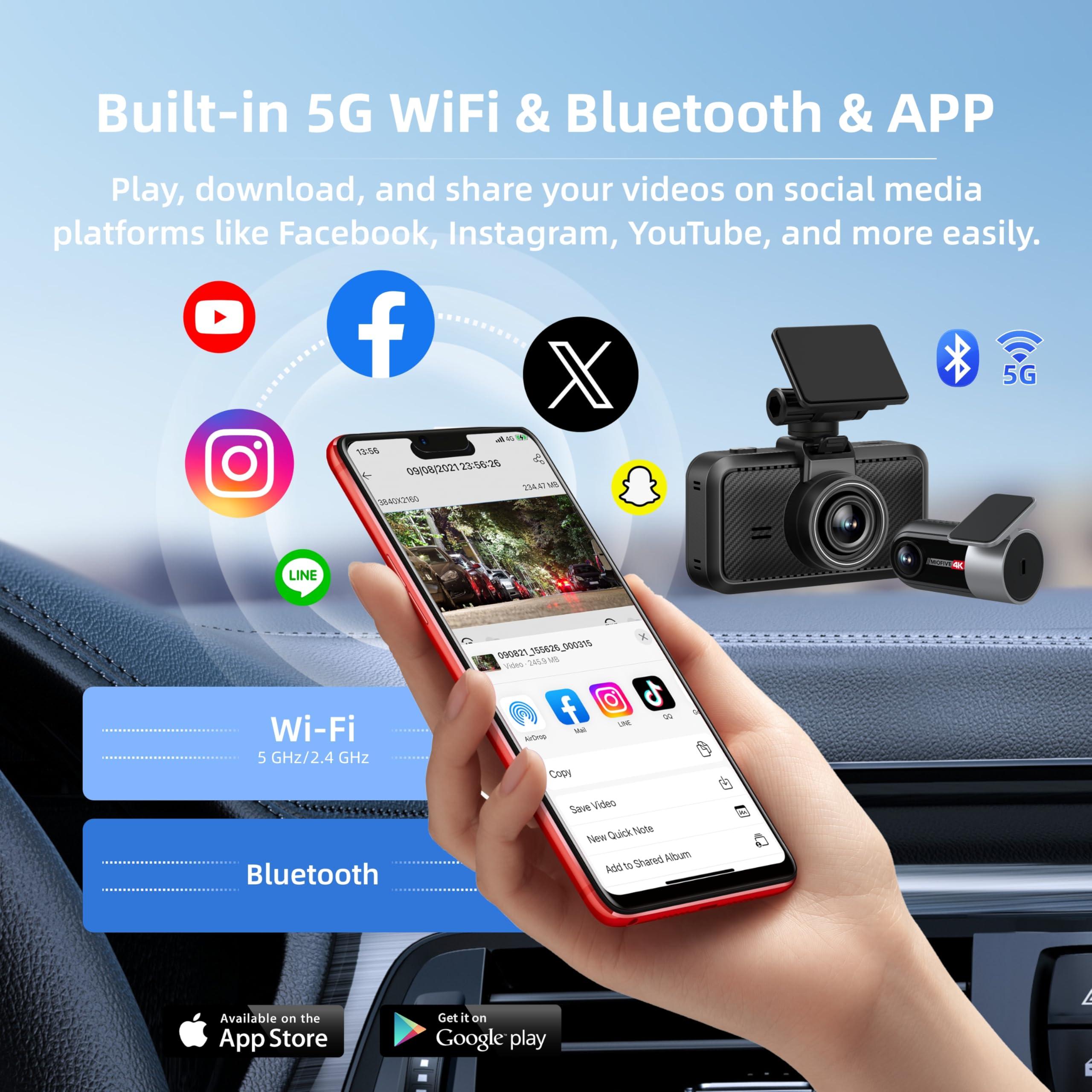 Miofive Miofive Dash Cam Car Front Rear 4K+4K WiFi Bluetooth Dash Cam with 64GB SD Card, Dual Car Camera with Parking Monitoring, Super Night Vision, HDR, G-Sensor, Loop Recording, App Control, Max 512GB