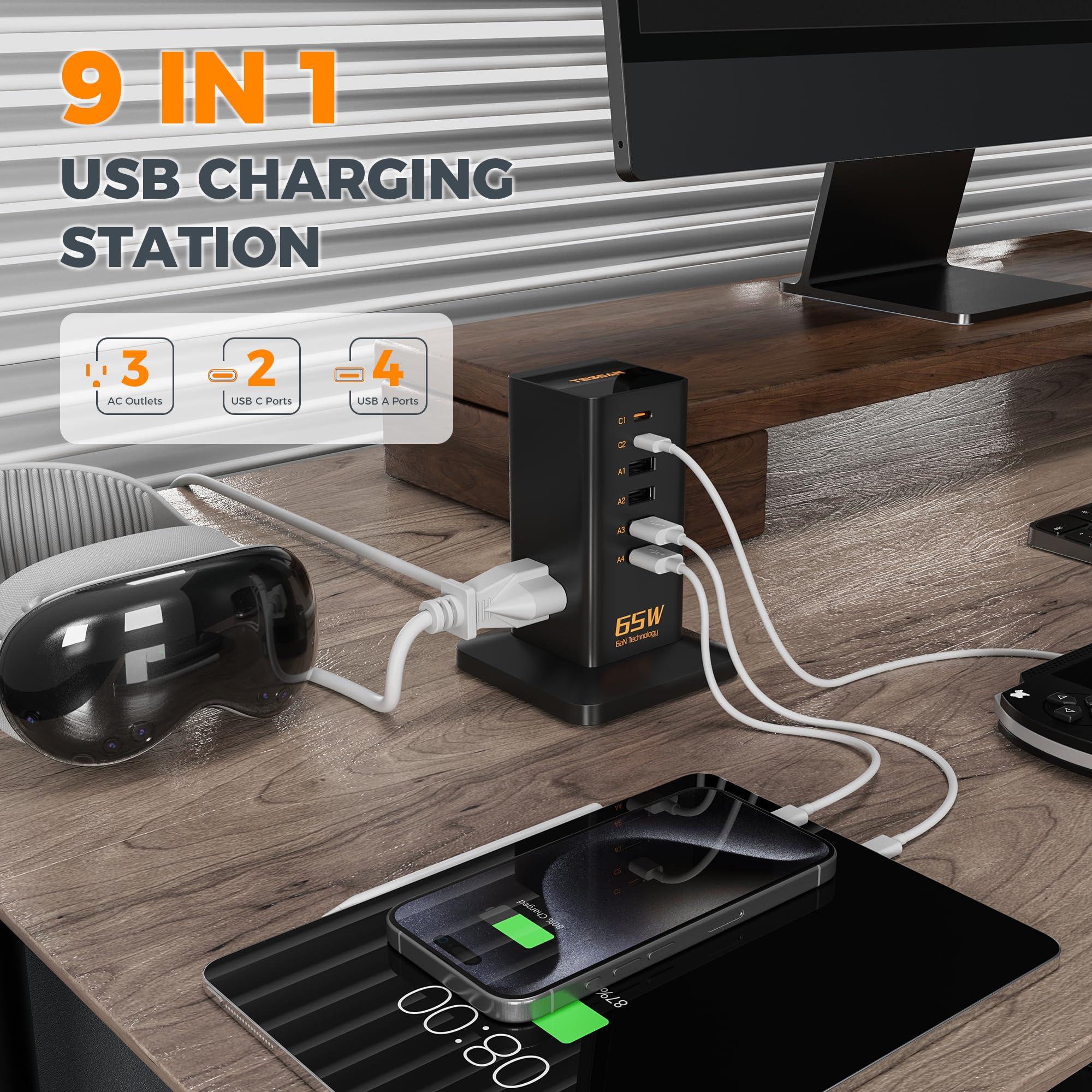 TESSAN USB Charging Station for Multiple Devices PD 65W, TESSAN 9-in-1 USB C Charger Block for iPhone 16/15, MacBook, Tablet, Type C Desktop Charger with 3 AC, Home Travel Office Accessories