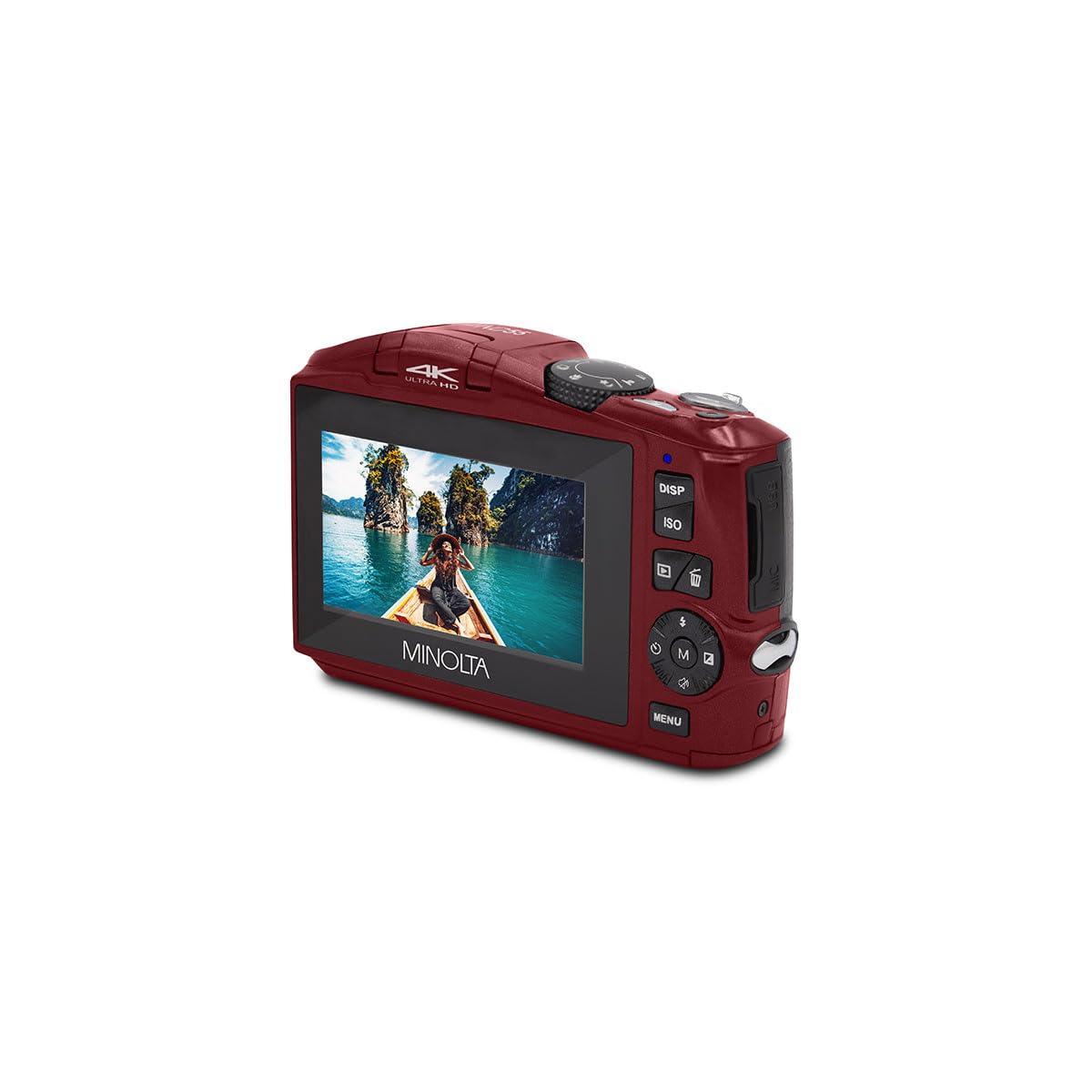 Minolta Minolta 64MP Digital Camera 4K Ultra HD Video at 60FPS, 16x Digital Zoom, WiFi, CMOS Sensor, 3-inch LCD Display, Auto Exposure - Includes 32GB Memory Card, Rechargeable Battery (Red)