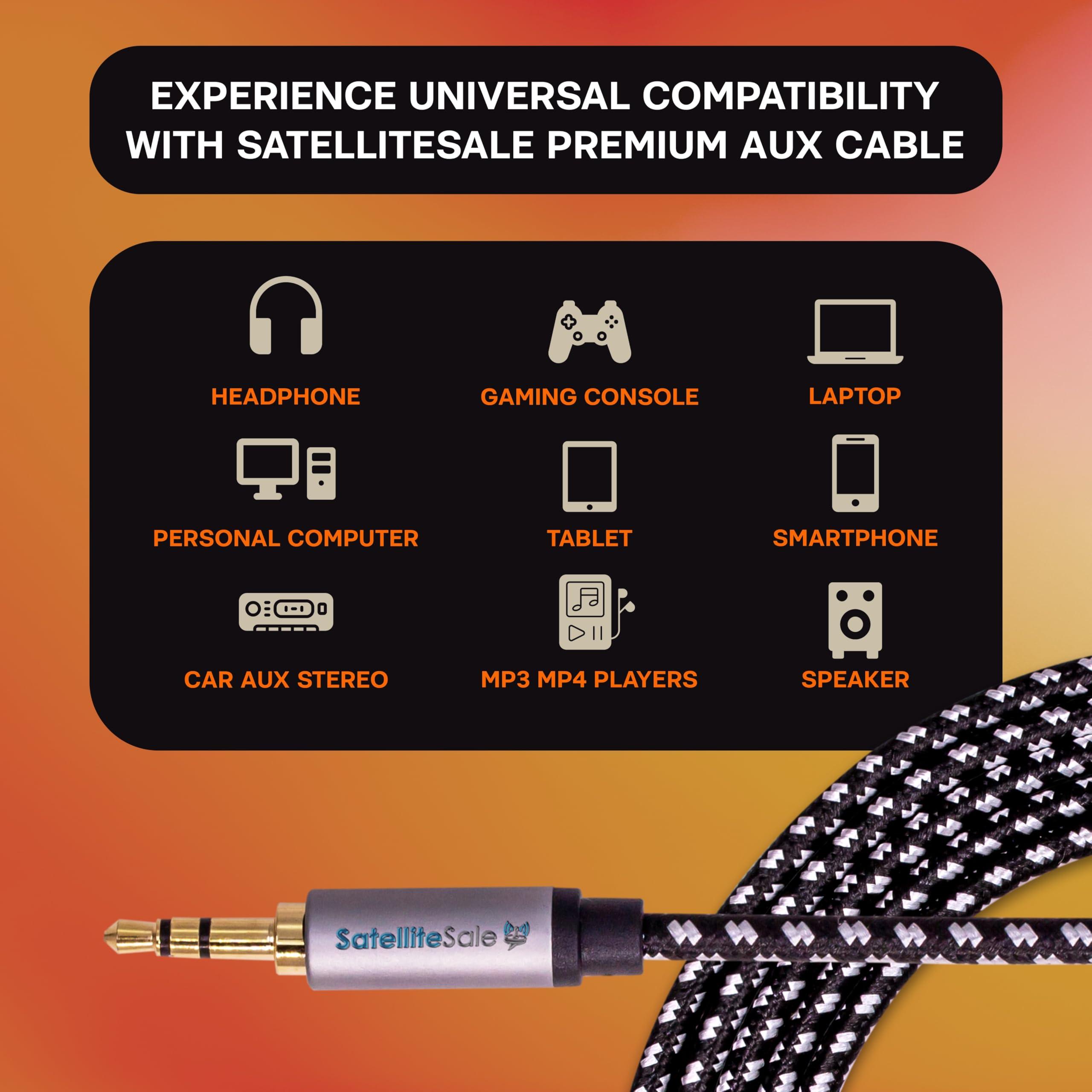 SatelliteSale SatelliteSale Auxiliary 3.5mm Audio Jack Male to Male Digital Stereo Aux Cable Universal Wire Black/White Nylon Cord 6 feet