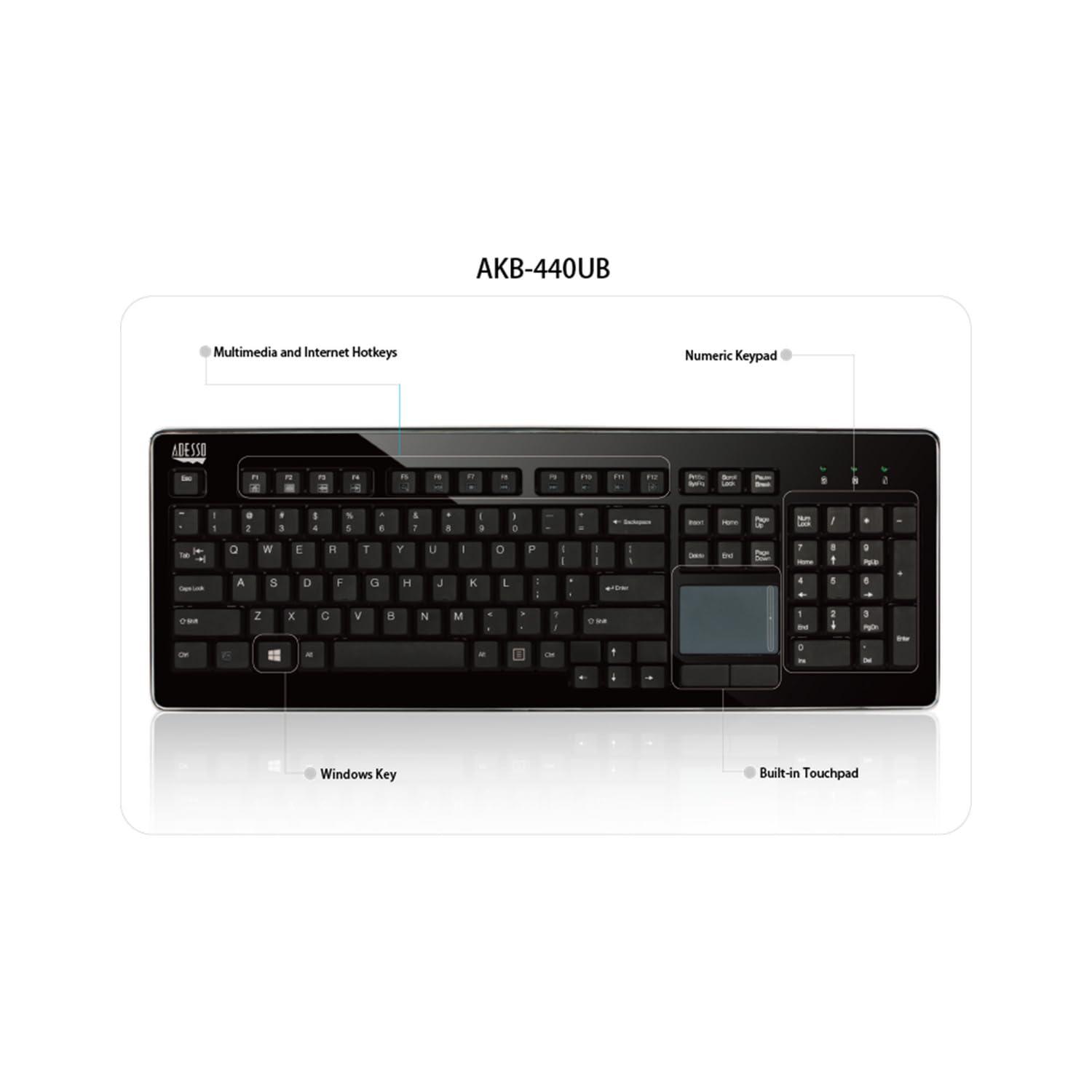 Adesso Adesso AKB-440UB SlimTouch Desktop Keyboard with Integrated Touchpad and Multimedia Hotkeys