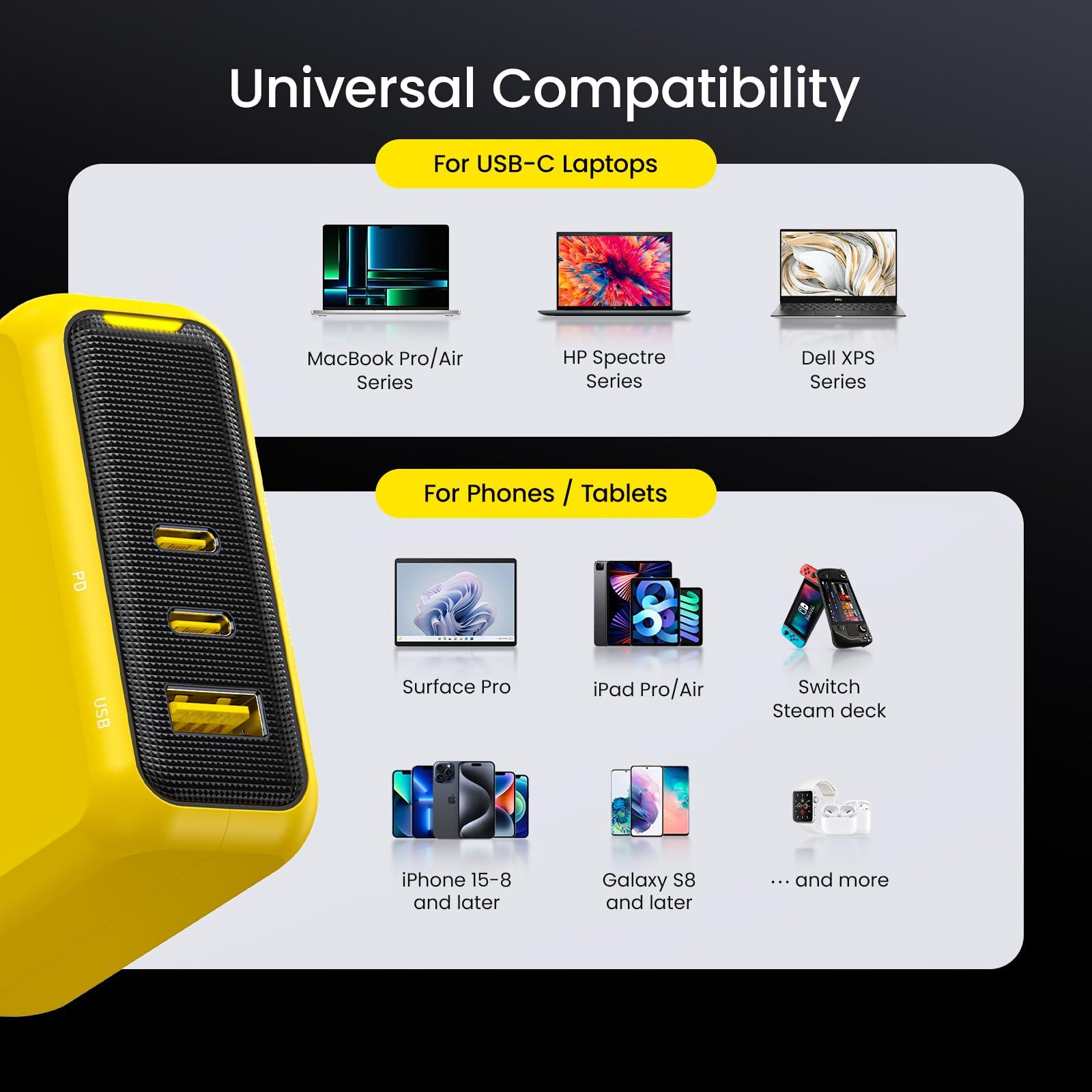 AOHI AOHI Magcube 140W USB C Charger PD3.1 3-Port GaN+ Laptop Wall Charger 100W Fast Charging Power Adapter Foldable Plug for MacBook Pro 16'', Dell XPS, iPad Pro, Galaxy, iPhone 15 Pro, Chromebook, Yellow