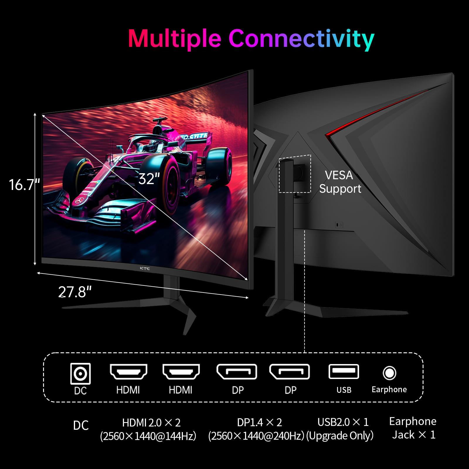 KTC KTC 32 Inch 240Hz Curved Gaming Monitor, 2K 1440P Computer PC Monitor with 1000R 1ms Frameless, Adaptive Sync,122% sRGB, HDMI, DisplayPort, Tilt Adjustable, H32S25E